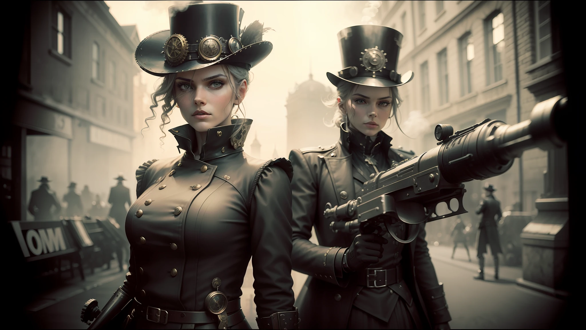 there are two people dressed in steam punk clothing and hats, highly detailed vfx portrait, black and white cinematography, weapons in hand, street fashion clothing, clockwork woman, still from anime, awarded winning photo, sharpe focus, war in background, by Edwin Dickinson, photo of --auto --s2
