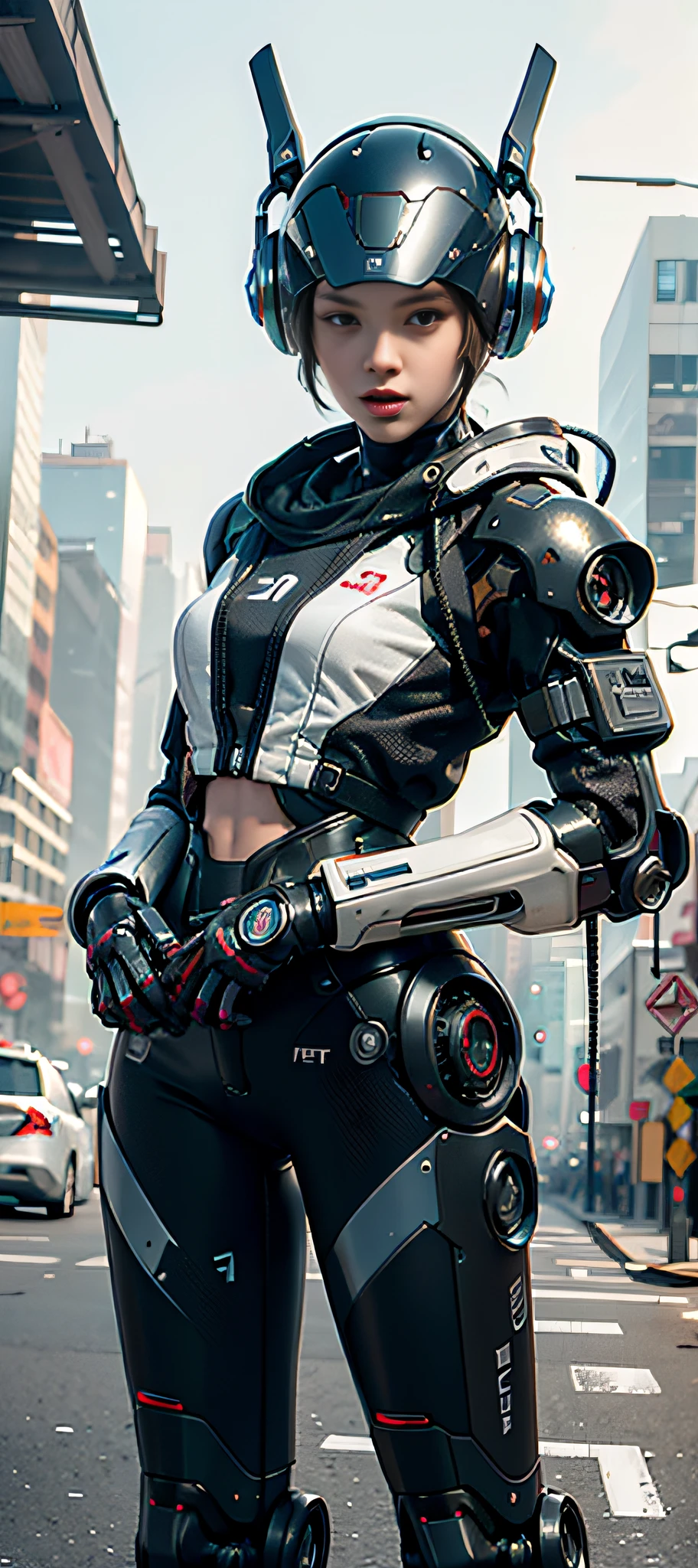 robot, robot joints, hardsurface, sci-fi_helmet, girl_face, concept_art,1girl, {in the cyberpunk city}, cityscape, PerfectNwsjMajic