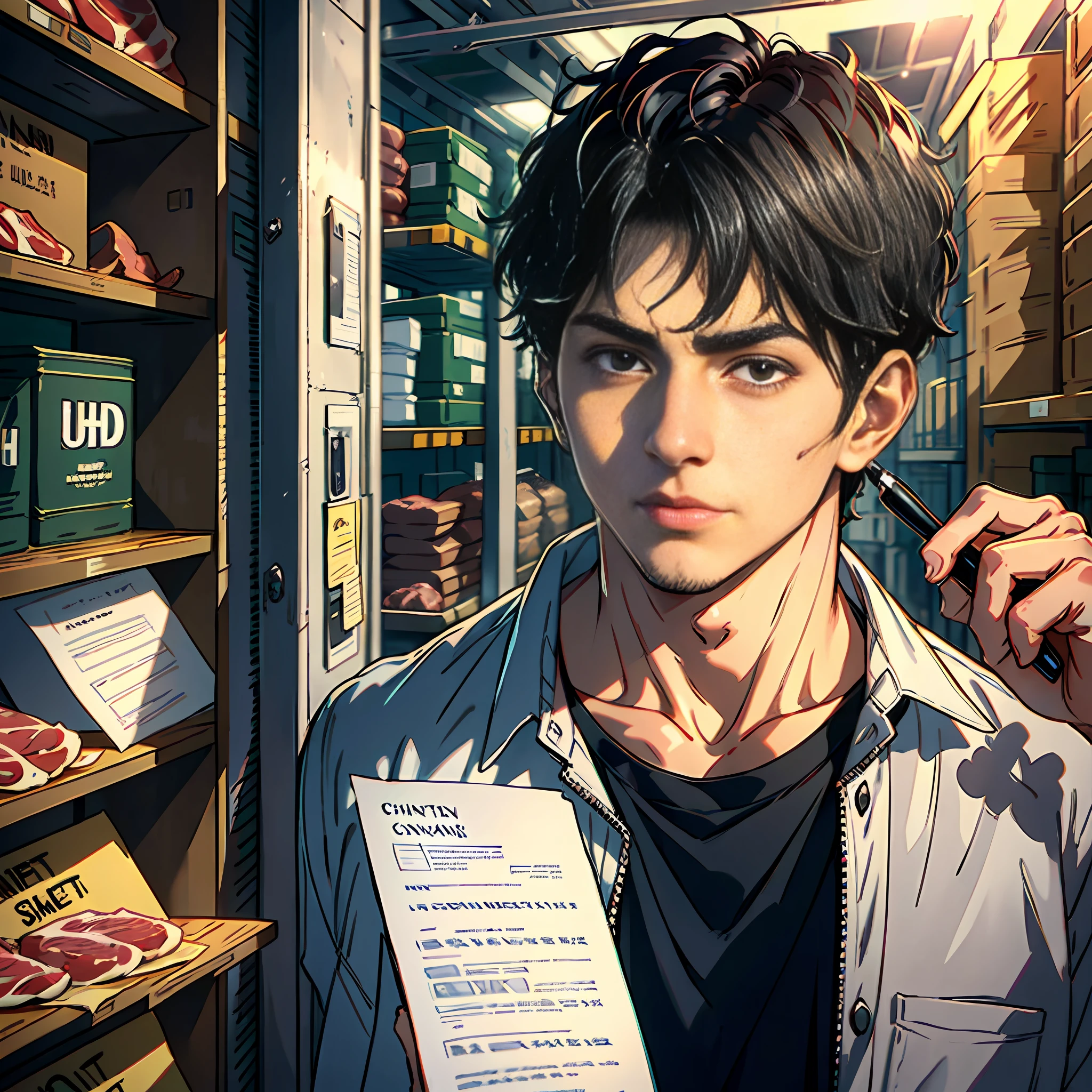 A handsome boy with a contract and pen in his hand is signing, super high detail, short black hair, black eyes, eyes super detailed, in a huge warehouse, piled with meat, highly real, UHD, chiaroscuro, super high detail