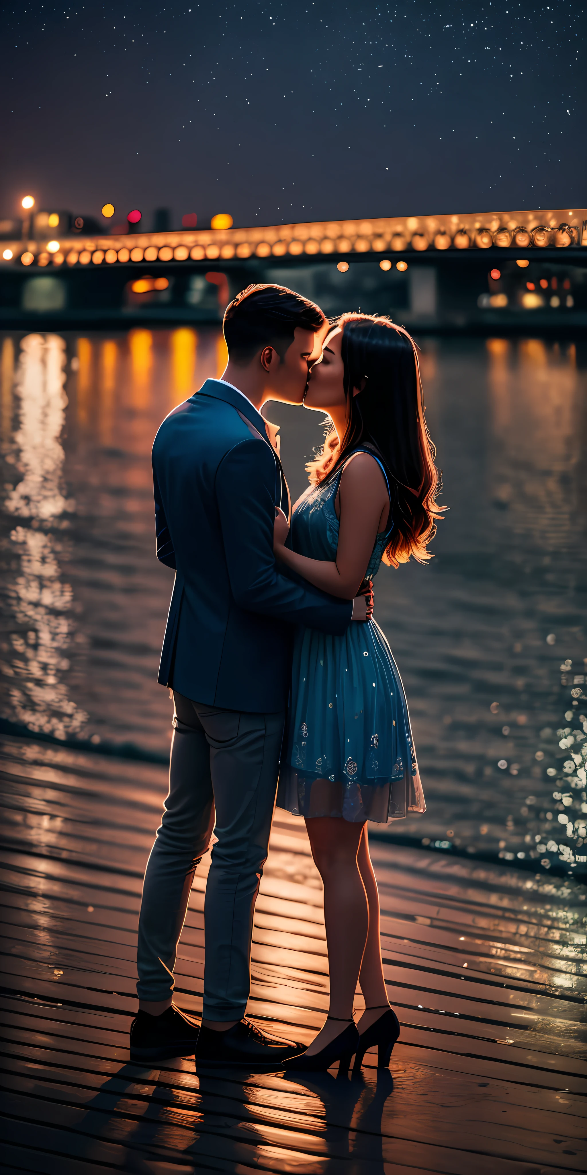 A young couple standing by the river, embracing and kissing each other in the city night, with dim lights.