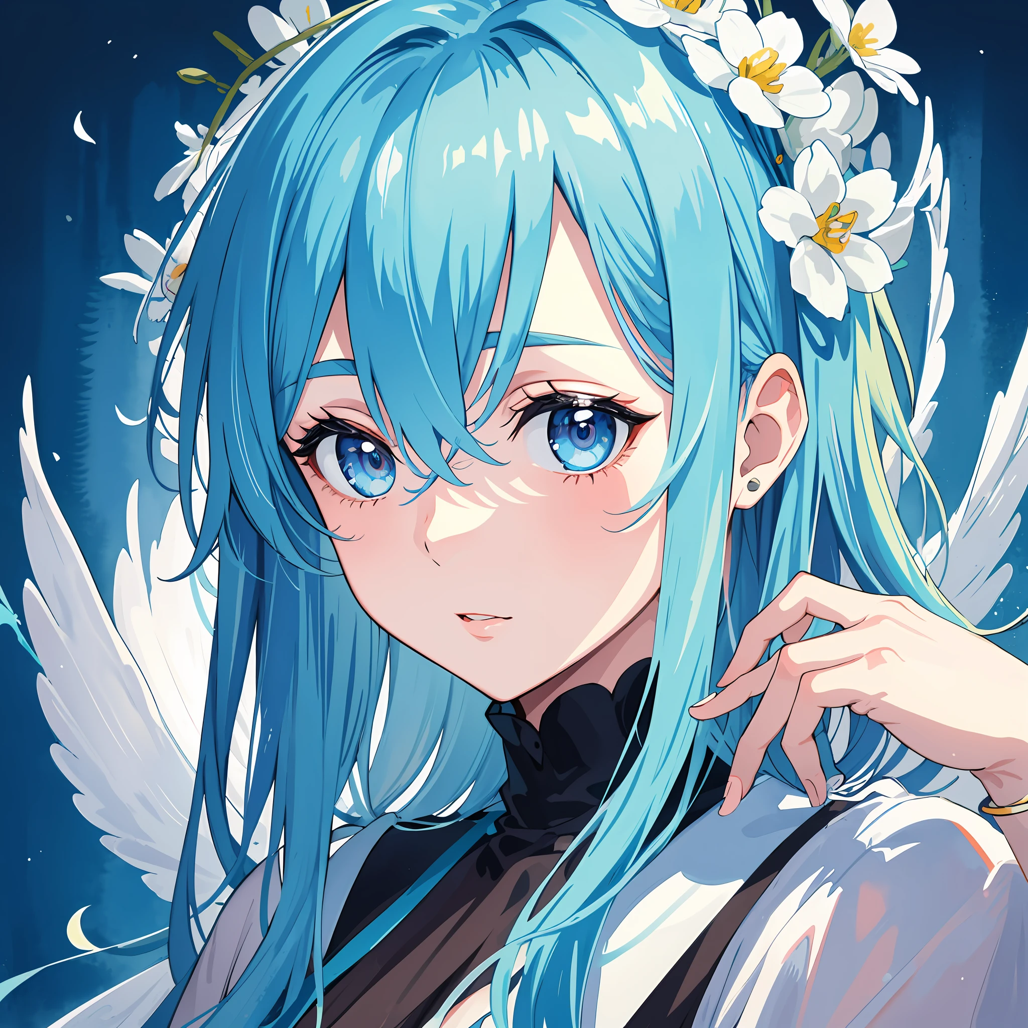 (best quality),(masterpiece:1.2), (colorful:0.9), (ink splashing),(color splashing),((watercolor)), clear sharp focus, model shot,
(portrait goddess of spring:1.5), cute expression,elegant blue colored hair, beautyfull detailed face and eyes, elegant goddess clothing, spring forest background,
colorwater