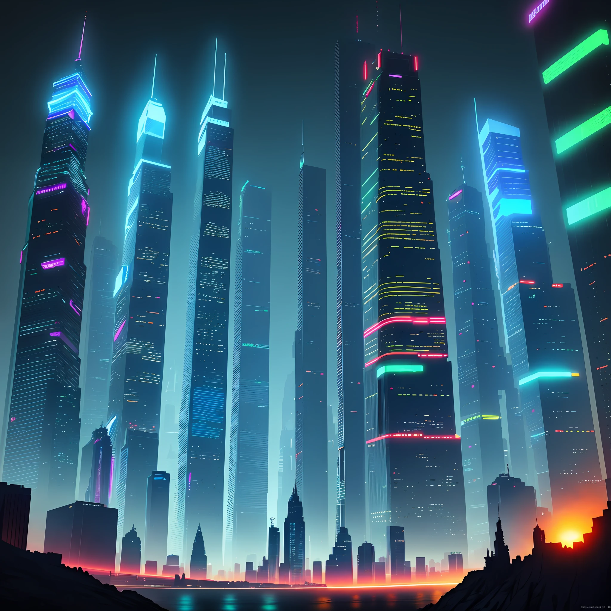 skyscrapers megalomaniac cyberpunk sci-fi nightscape neon masterpiece ultra high definition top quality
