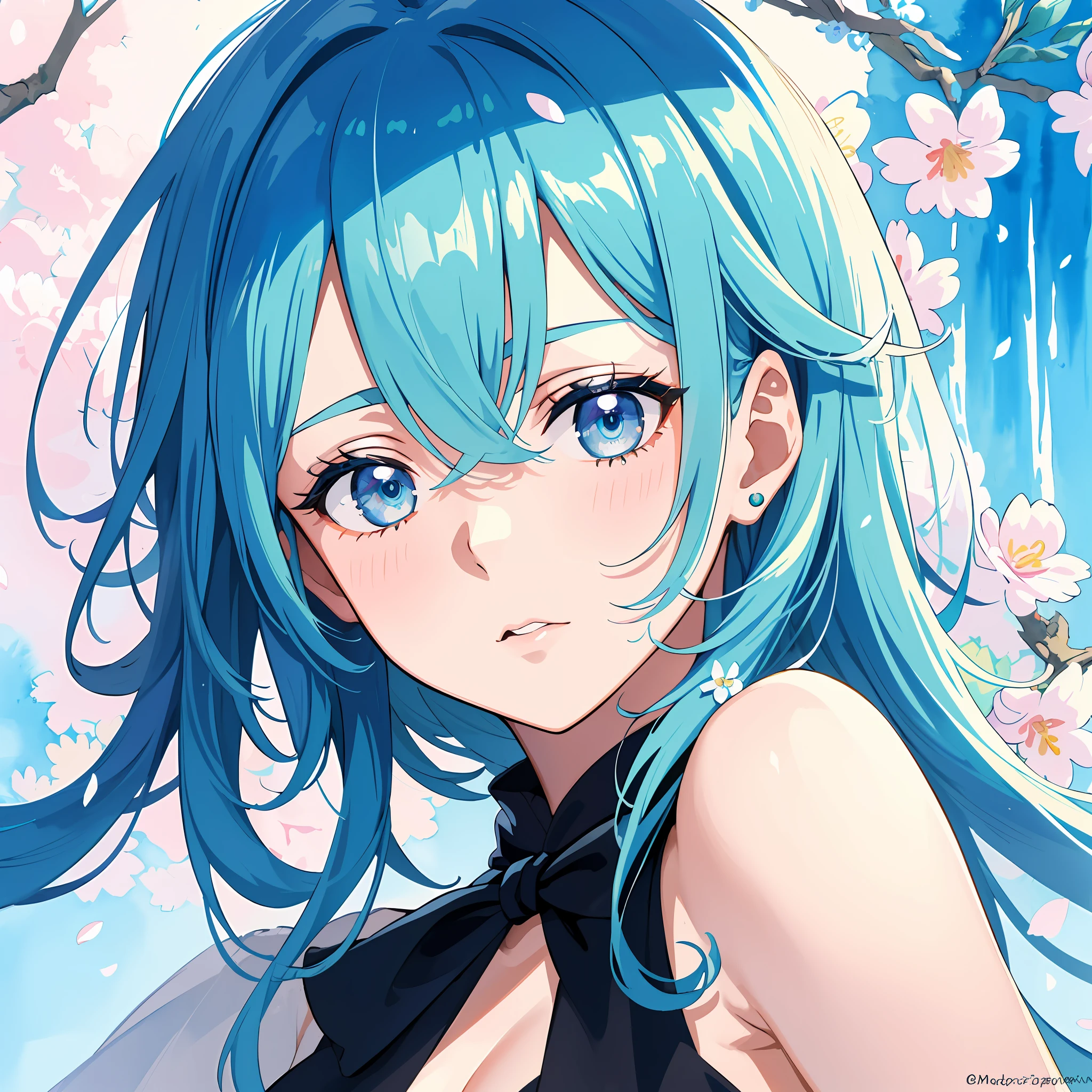 (best quality),(masterpiece:1.2), (colorful:0.9), (ink splashing),(color splashing),((watercolor)), clear sharp focus, model shot,
(portrait goddess of spring:1.5), cute expression,elegant blue colored hair, beautyfull detailed face and eyes, elegant goddess clothing, spring forest background,
colorwater