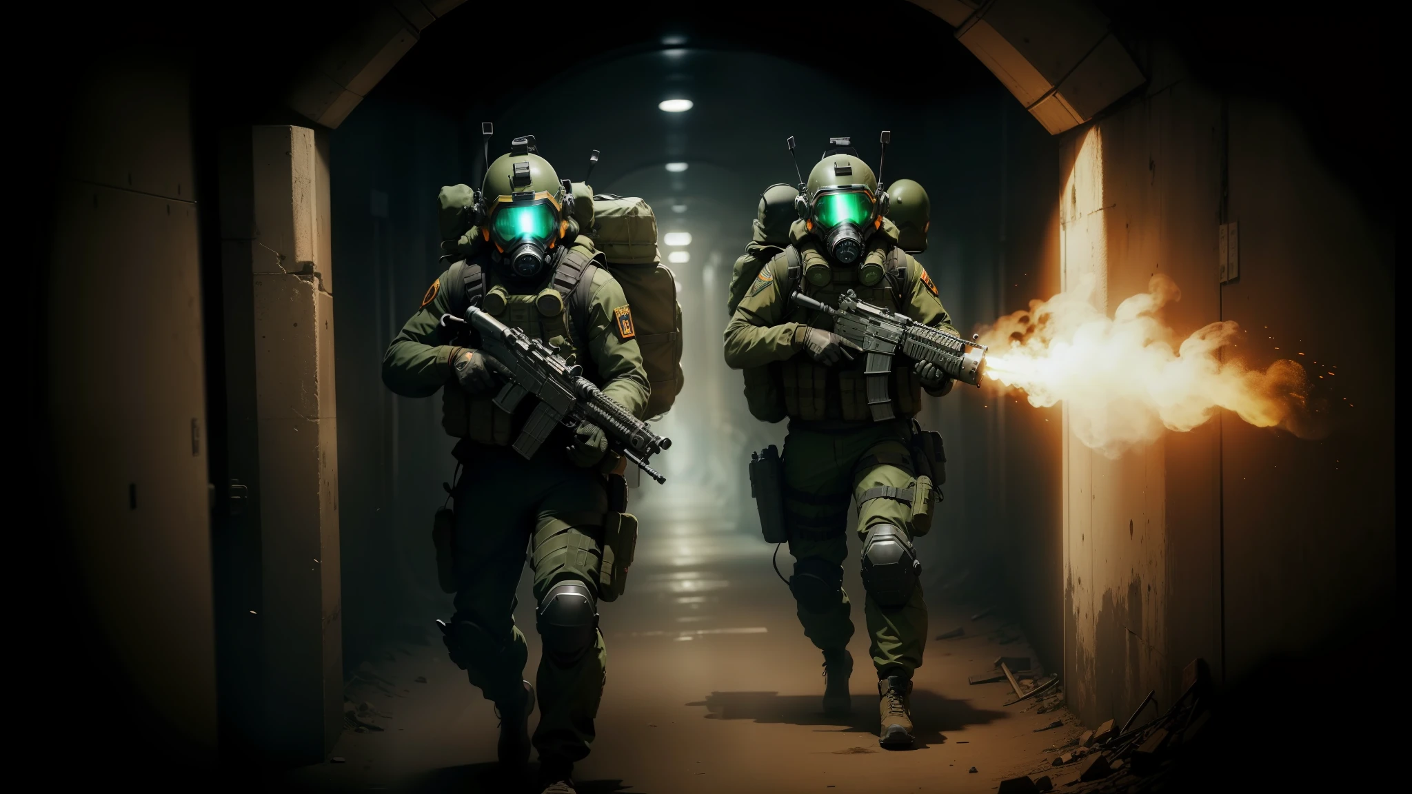 two people in gas masks are walking through a tunnel, bright cinematic key lighting, black helicopters, netflix animation, orange and green power, (gears), angels, rb 6 s, seals, promotional movie still, mace and shield, spectral, twelve arms, soldiers charging in --auto --s2