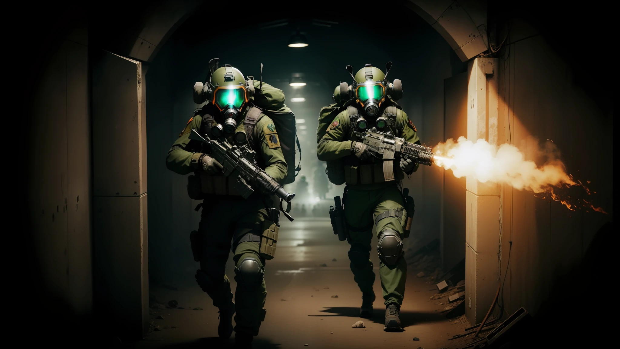 two people in gas masks are walking through a tunnel, bright cinematic key lighting, black helicopters, netflix animation, orange and green power, (gears), angels, rb 6 s, seals, promotional movie still, mace and shield, spectral, twelve arms, soldiers charging in --auto --s2