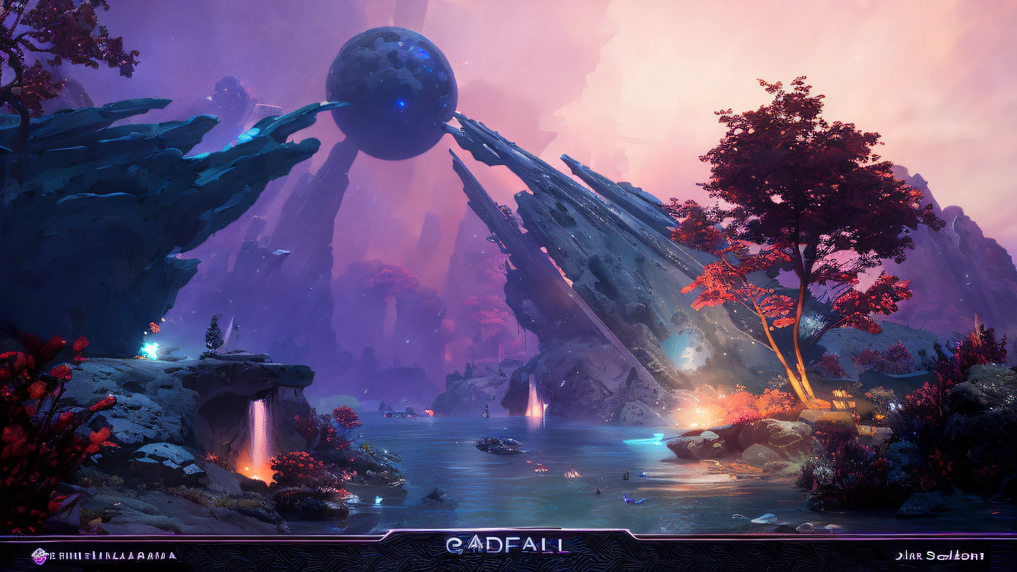 there is a picture of a sci - fi environment with a giant object, brutalist waterfall environment, waterfall in asteroid field, exterior of scifi temple, returnal biome, galactic waterfalls, godrays digital painting, beautiful godrays, nebula waterfalls, godrays at sunset, scifi environment, by Christopher Balaskas, beeple global illumination