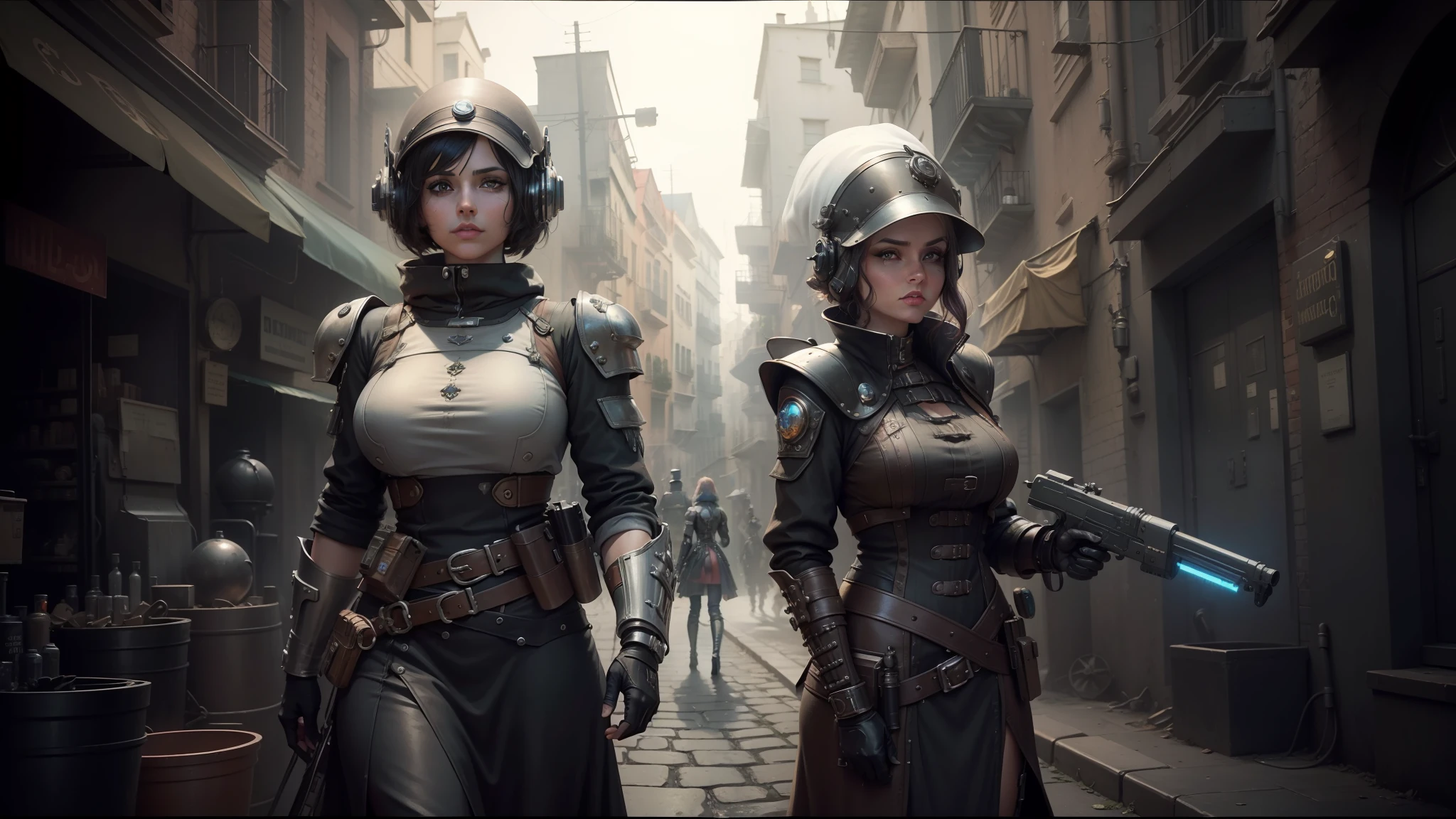 two women in futuristic costumes standing in a narrow alley, symmetrical dieselpunk warrior, 4k greyscale hd photography, set in c&c3 tiberium wars, victorian alchemists, steam pipes, 2070s, three women, steampunk cat, riot shields, two women, youtube thumbnail, 2 0 7 7, necromunda --auto --s2