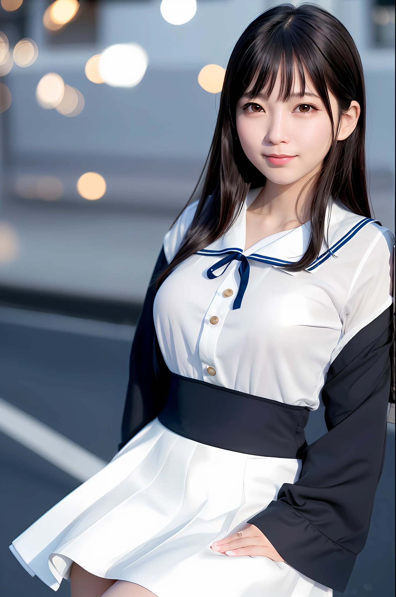 (Skin Blemishes: 1.2), (Skin Dents), Black Eyes, 1 Woman, 17 years old, (Female))), Solo, Realistic, Best Quality, Photorealistic, Masterpiece, 8K, High Resolution, Solo, Highly Detailed Face, (Professional Lighting, Bokeh), (Light Particles, Lens Flare, Luminous Particles: 0.6), (Dynamic Pose: 1.2), Soft Lighting, Angle View from Above Fashionable and trendy atmosphere, Japan, street, Tokyo, city, ((daytime)), sky, ((viewer's point of view: 1)), (camera perspective), (portrait: 0.6), cowboy shot, gorgeous, standing, slim, maintaining original facial proportions, full body, (large breasts), tall, big eyes, cheerful pose, (long hair), forehead, black hair, floating hair, lips, lipstick, seductive smile, float, smile, (sailor suit), (Japan school uniform), white sheer blouse, navy blue ribbon, dark blue skirt, lashes