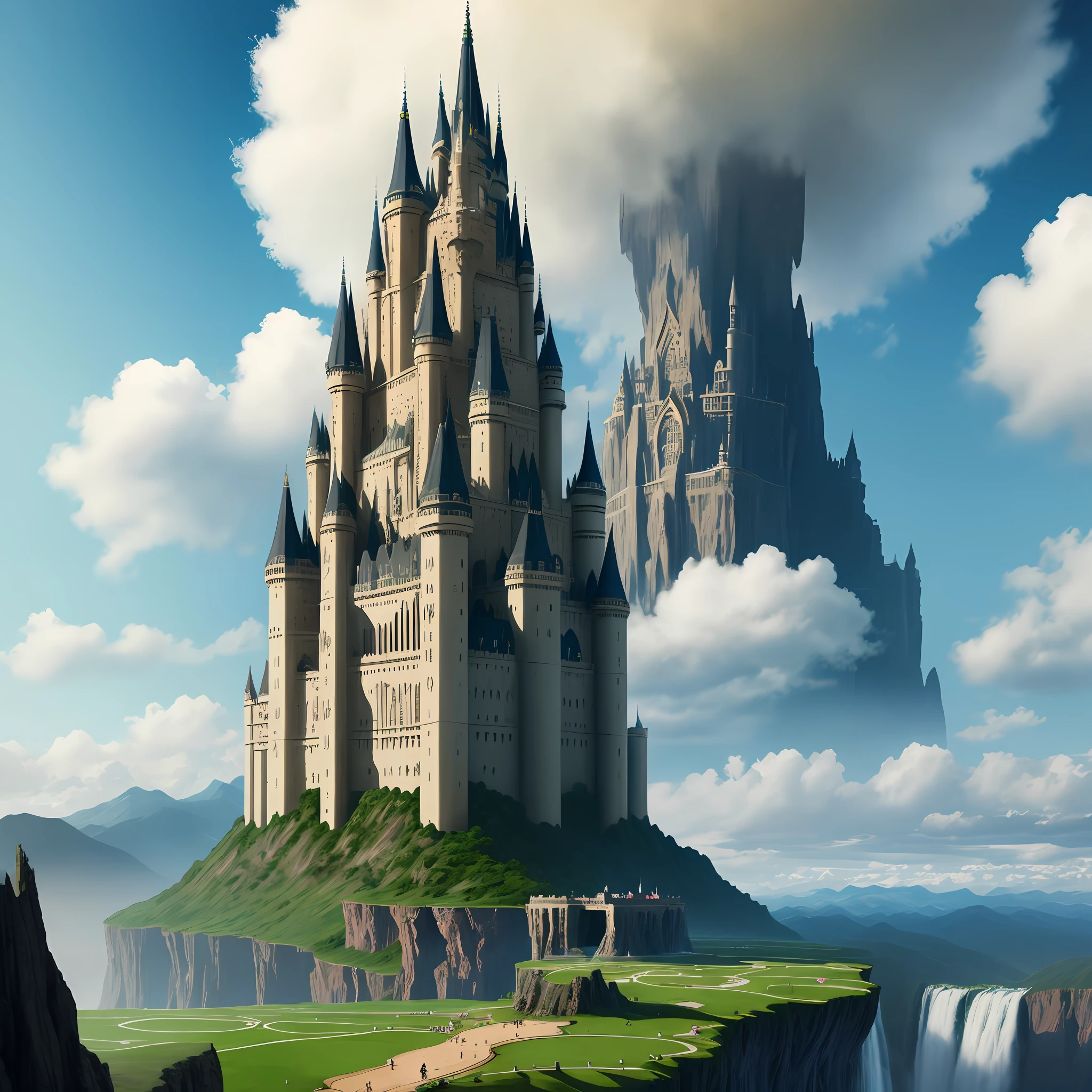 Giant castles in the air Megalomaniac Huge waterfalls Top Quality Ultra High Resolution Sci-Fi Fantasy Masterpiece