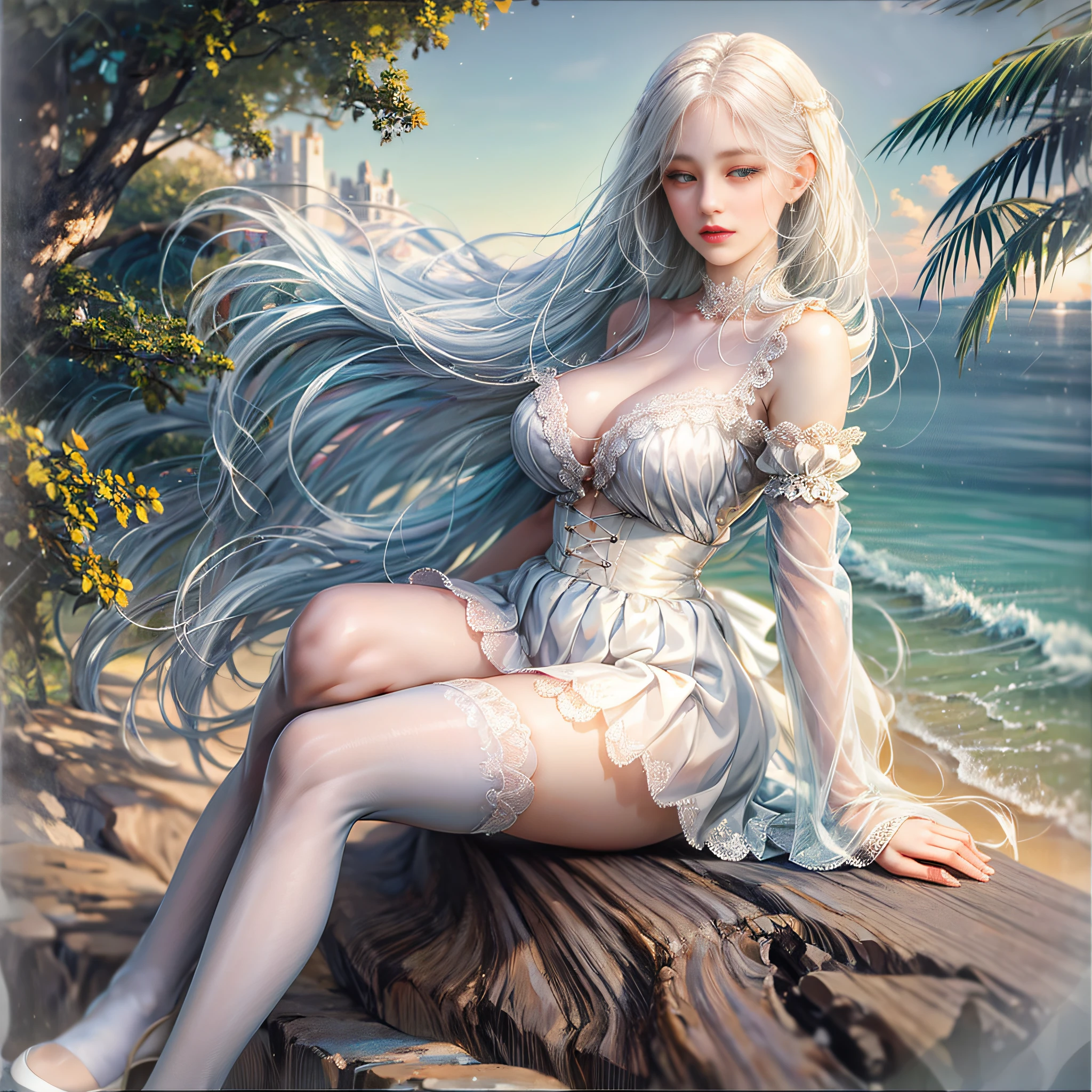 A sexy woman, white hair, wearing a short skirt, white stockings, sitting by the sea, plump figure, thin waist, long legs, face details, big eyes, vistas--s --auto --s2