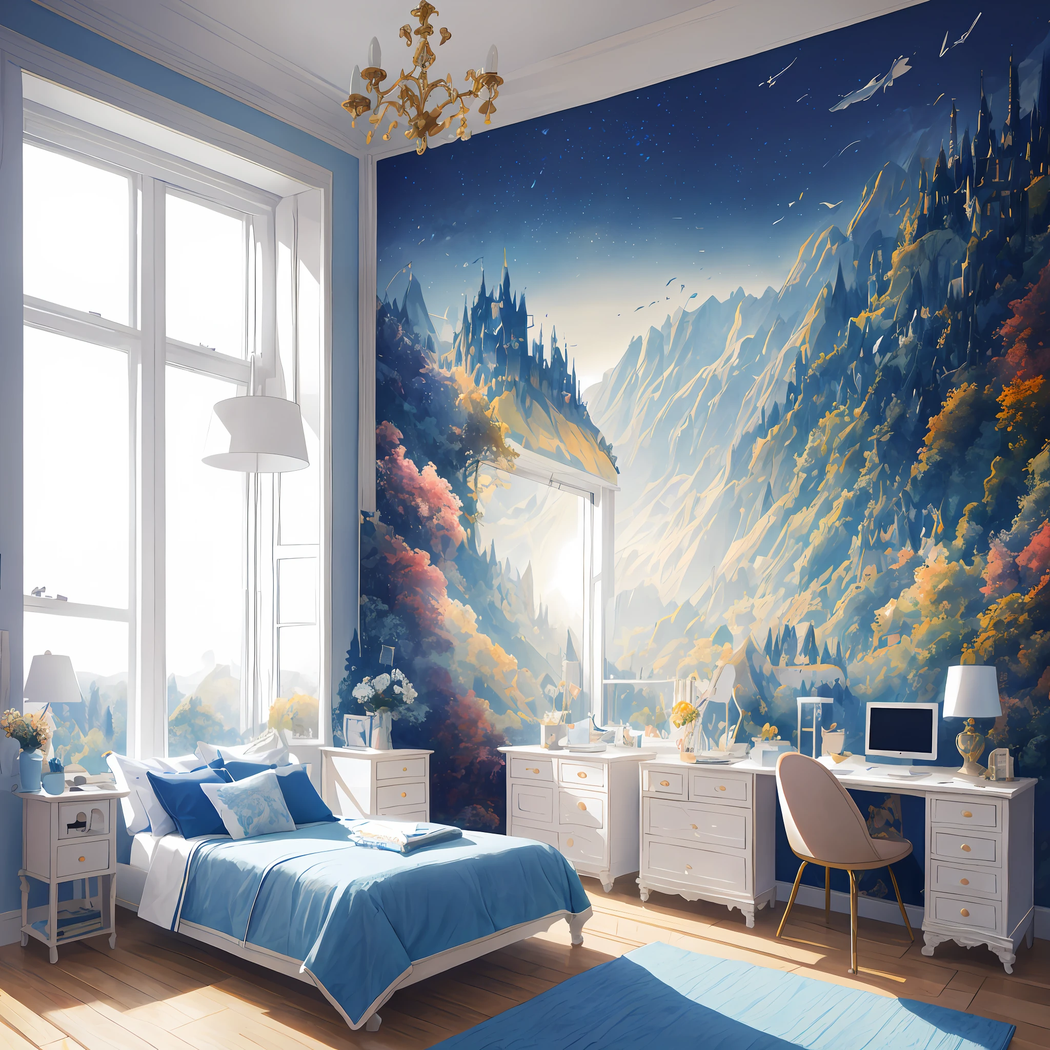 Masterpiece, best quality, high quality, very detailed CG uniform 8k wallpaper, bedroom, indoor, daytime, no humans, fit, landscape, bokeh, HDR, bloom, chromatic aberration, realism, very detailed, trends on artstation, trends on CGsociety, High Detail, art by midjourney, technology, comfory, pixiv, room full of hobbies, just one bed, cartoon, warm light, blue