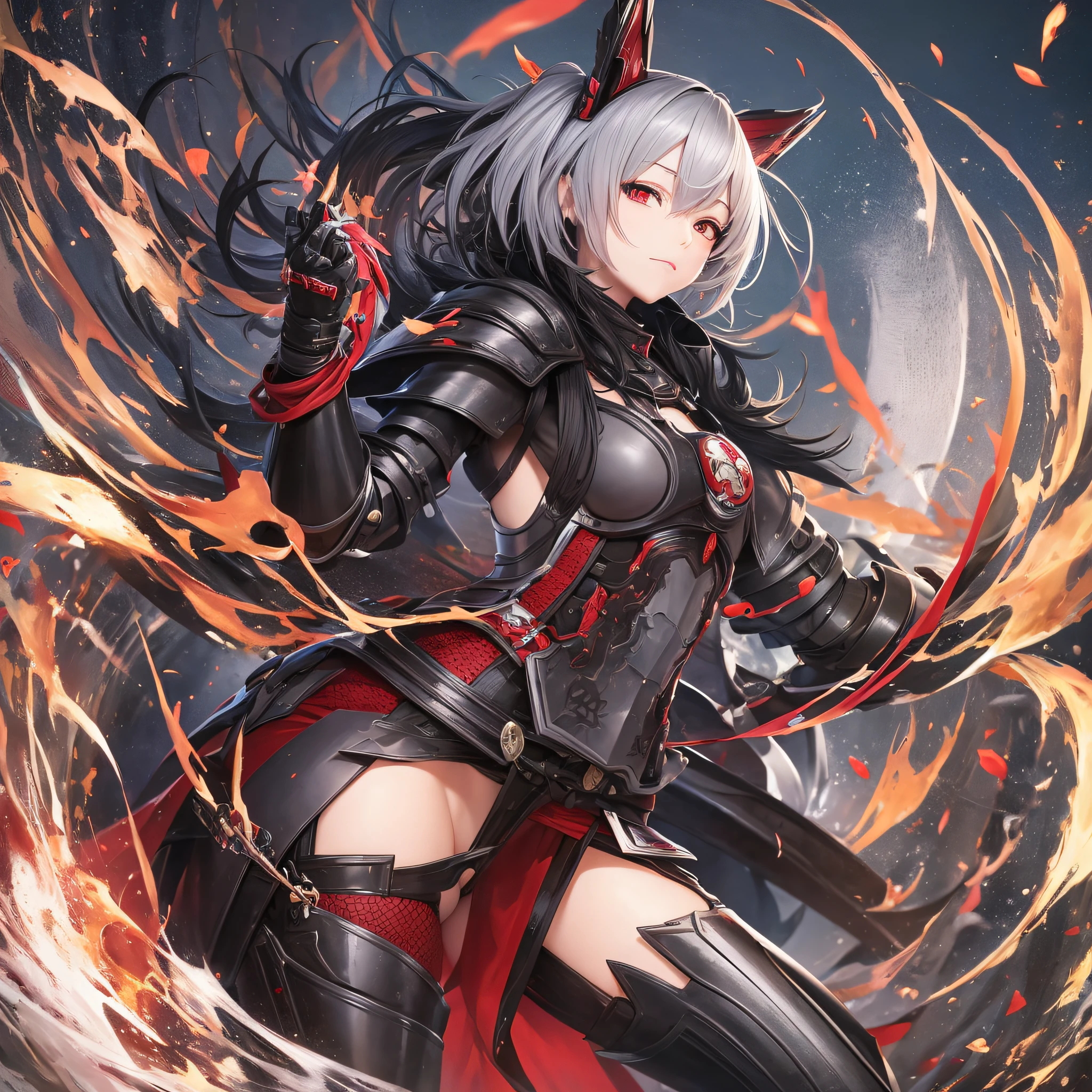 Japanese anime. woman. she has black armor she has a red scarf. Only her arms are armored. Her torso is only clothes. she is in a miniskirt. spreading her legs. from below. Whole body. --auto --s2