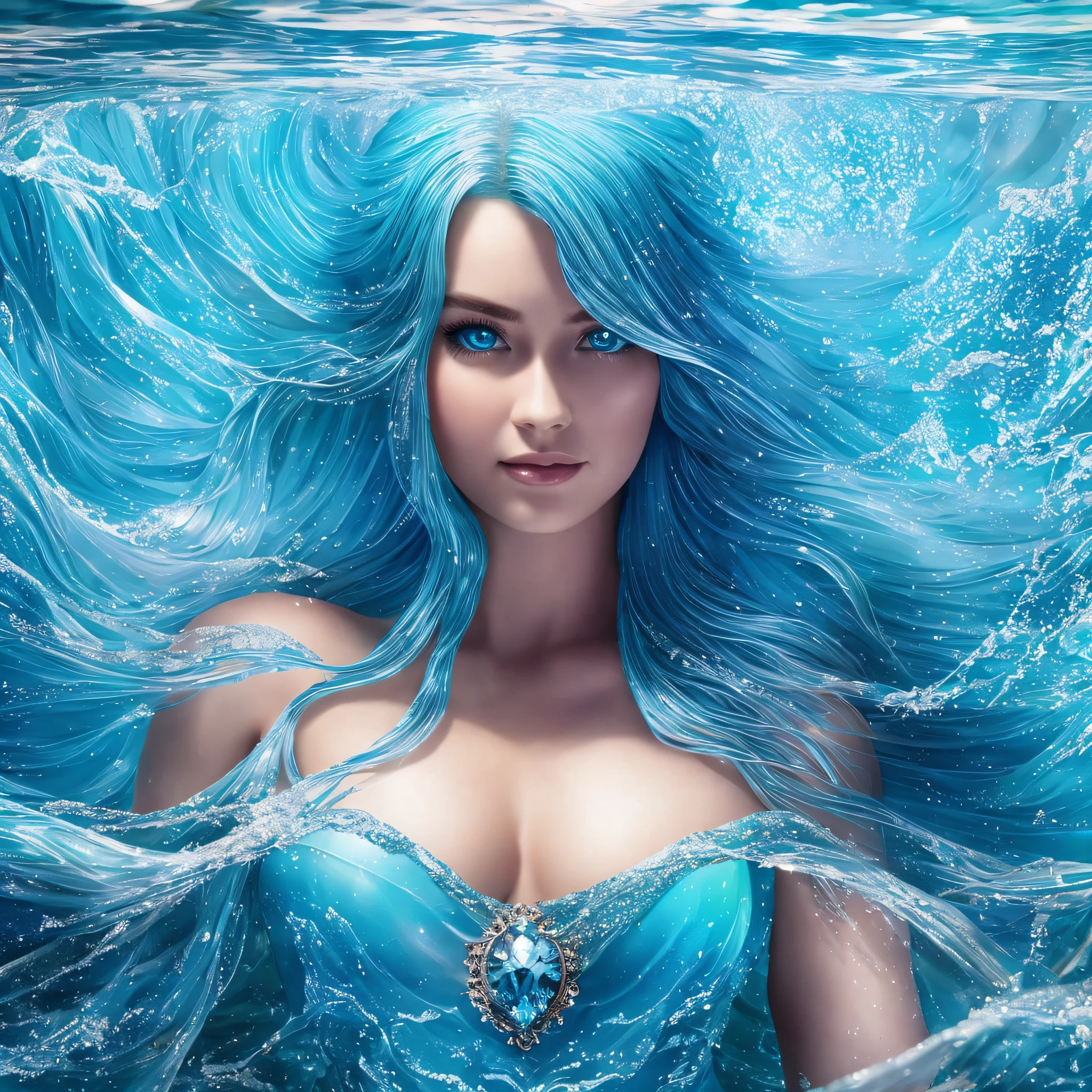 She is a beautiful water spirit, the spirit hair is flowing and transparent blue, it looks like a waterfall, the eye color is aquamarine, reflecting the depth of the sea. It is surrounded by a gentle mist and has a fantastic and enchanting appearance. Water Spirit's skin is glowing and glowing with a soft blue hue, Water Spirit gentle and seductive, photorealistic, masterpiece, highest quality, super detailed, HDR, 8K