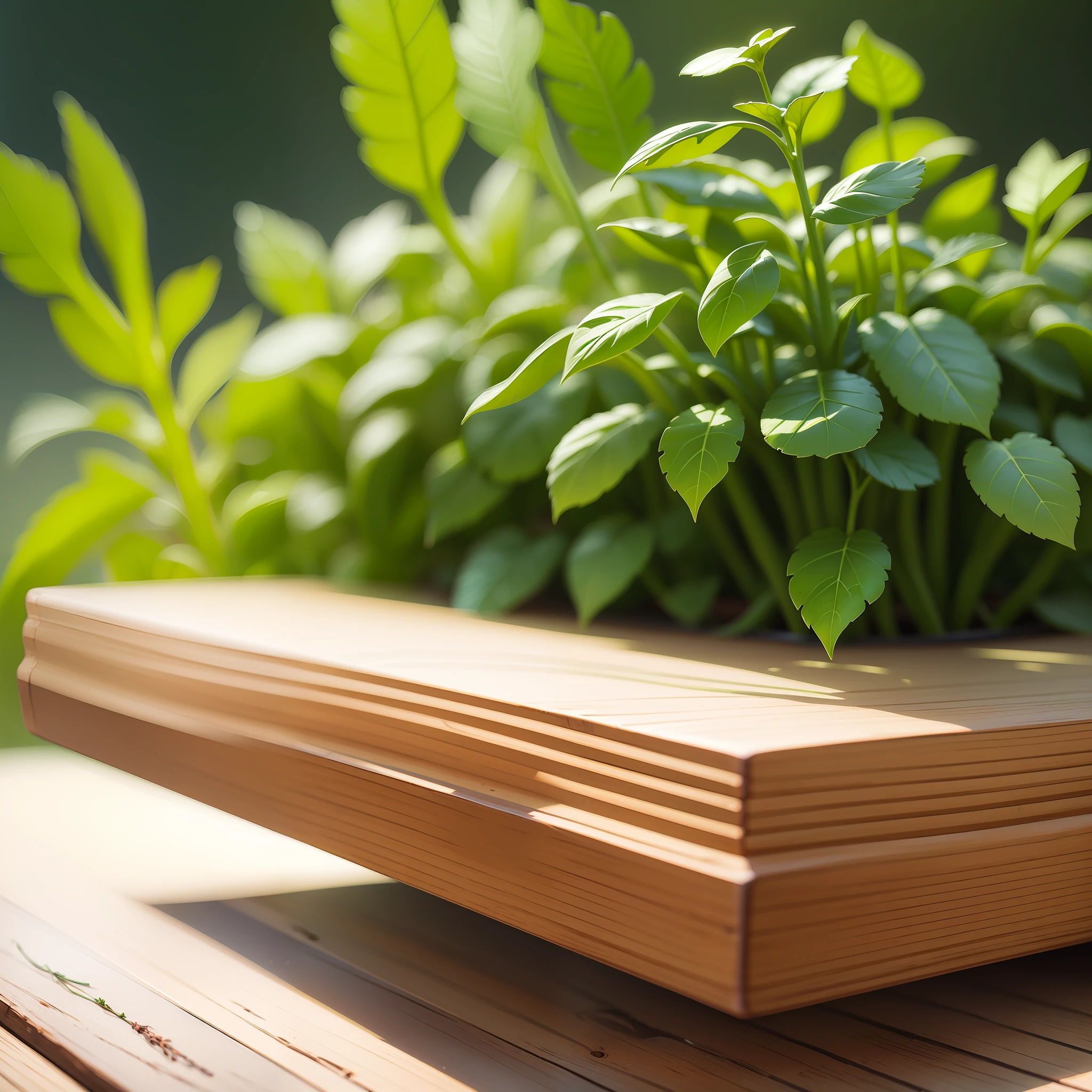 Based on the wooden tabletop, green spice plants such as coriander and asparagus are placed on the tabletop to maintain freshness and highlight the concept of green life and health --auto --s2