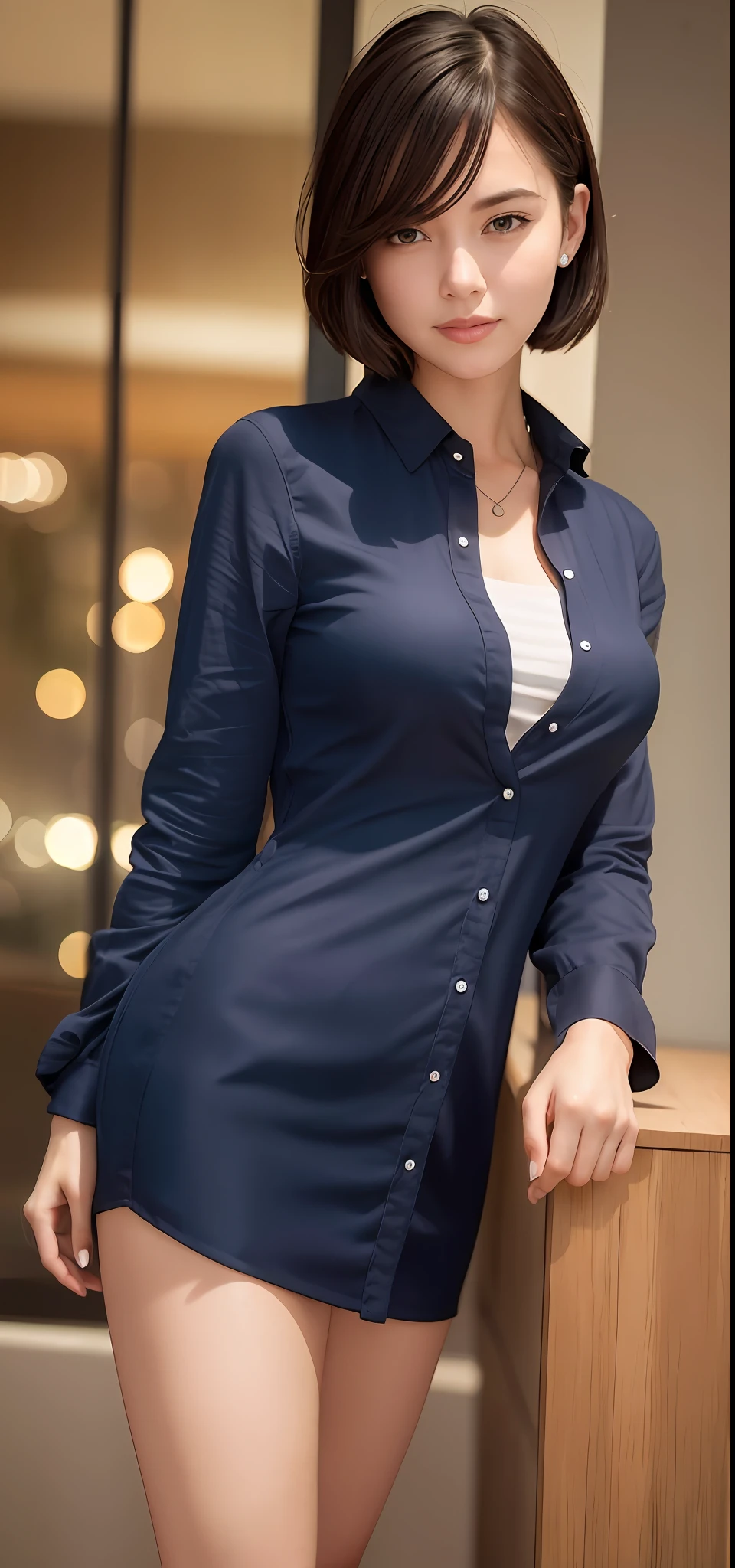 (8k, best quality, masterpiece:1.2), (realistic, photo-realistic:1.37), ultra-detailed, 1 girl, cute, solo, beautiful detailed sky, detailed cafe, night, sitting, dating, (nose blush), (smile:1.15), (closed mouth) small breasts, beautiful detailed eyes, (collared shirt:1.1), night, wet, business attire, rain, white lace, (short hair:1.2), floating hair NovaFrogStyle, topless,