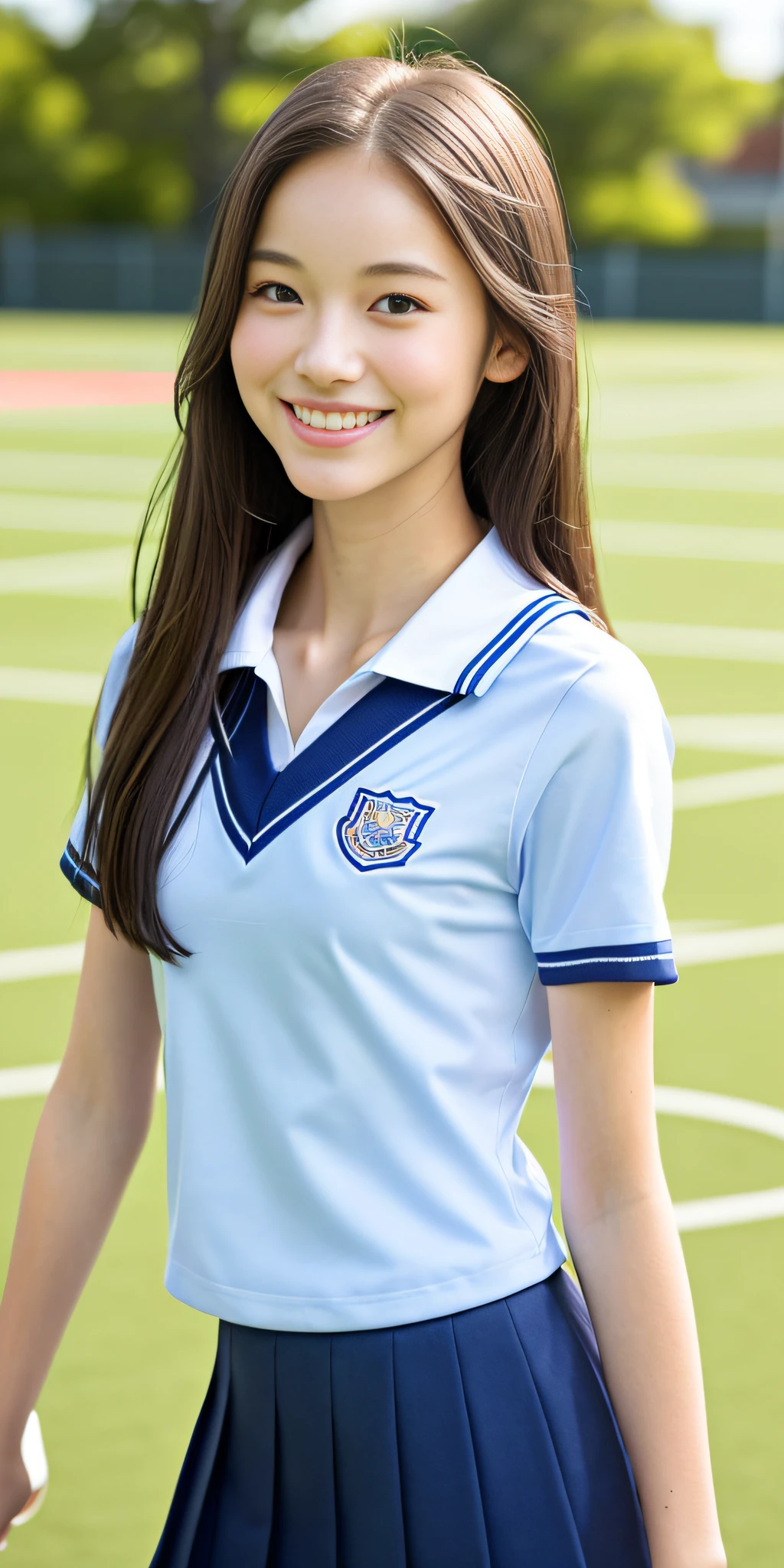 neat college girl, petite, (school uniform, summer clothes), outside the athletic field, (slim), photorealistic, detail, skin texture, super detail, delicate and sexy collarbone, smile, super detailed face, detailed lips, detailed eyes, double eyelids, small breasts, small breasts, small, small, flat chest