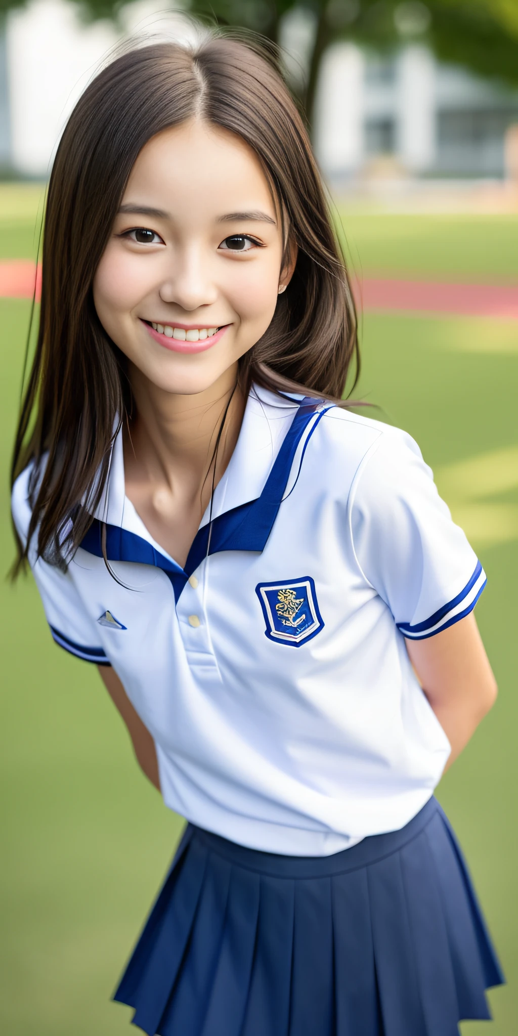 neat college girl, petite, (school uniform, summer clothes), outside the athletic field, (slim), photorealistic, detail, skin texture, super detail, delicate and sexy collarbone, smile, super detailed face, detailed lips, detailed eyes, double eyelids, small breasts, small breasts, small, small, flat chest