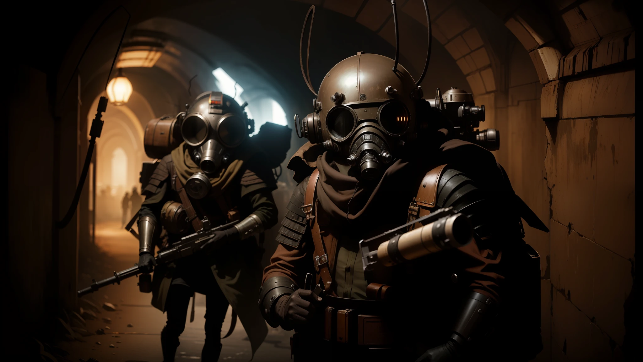 there are two people in gas masks and helmets walking through a tunnel, ilm of an epic sci-fi, steampunk insect, hd vfx, inspired by Mārtiņš Krūmiņš, wearing steampunk attire, ewoks, the band name is roborock, by Václav Brožík --auto --s2