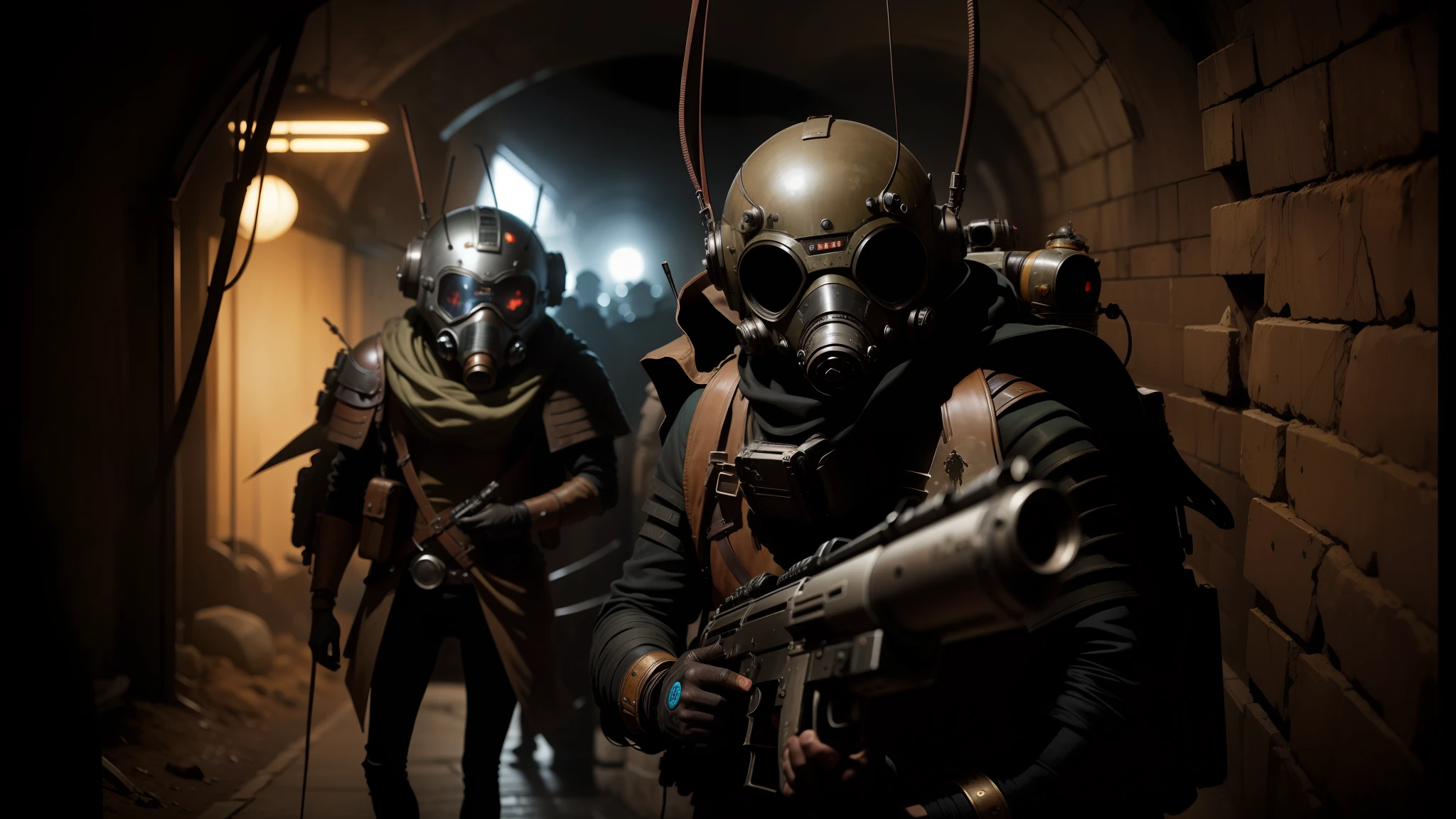 there are two people in gas masks and helmets walking through a tunnel, ilm of an epic sci-fi, steampunk insect, hd vfx, inspired by Mārtiņš Krūmiņš, wearing steampunk attire, ewoks, the band name is roborock, by Václav Brožík --auto --s2