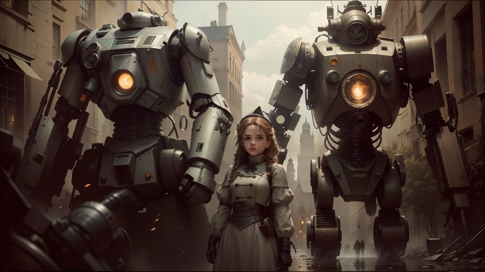 there are two robots standing next to each other in a street, film still of emma watson, steam-punk illustration, zack snyder cinematography style, inspired by Kazimierz Wojniakowski, black and white color photograph, aerith gainsborough, by Władysław Podkowiński, giant robots, destroyed robots, 2 0 1 9 --auto --s2