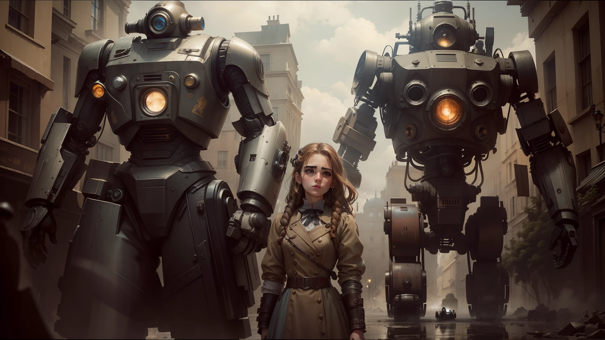 there are two robots standing next to each other in a street, film still of emma watson, steam-punk illustration, zack snyder cinematography style, inspired by Kazimierz Wojniakowski, black and white color photograph, aerith gainsborough, by Władysław Podkowiński, giant robots, destroyed robots, 2 0 1 9 --auto --s2