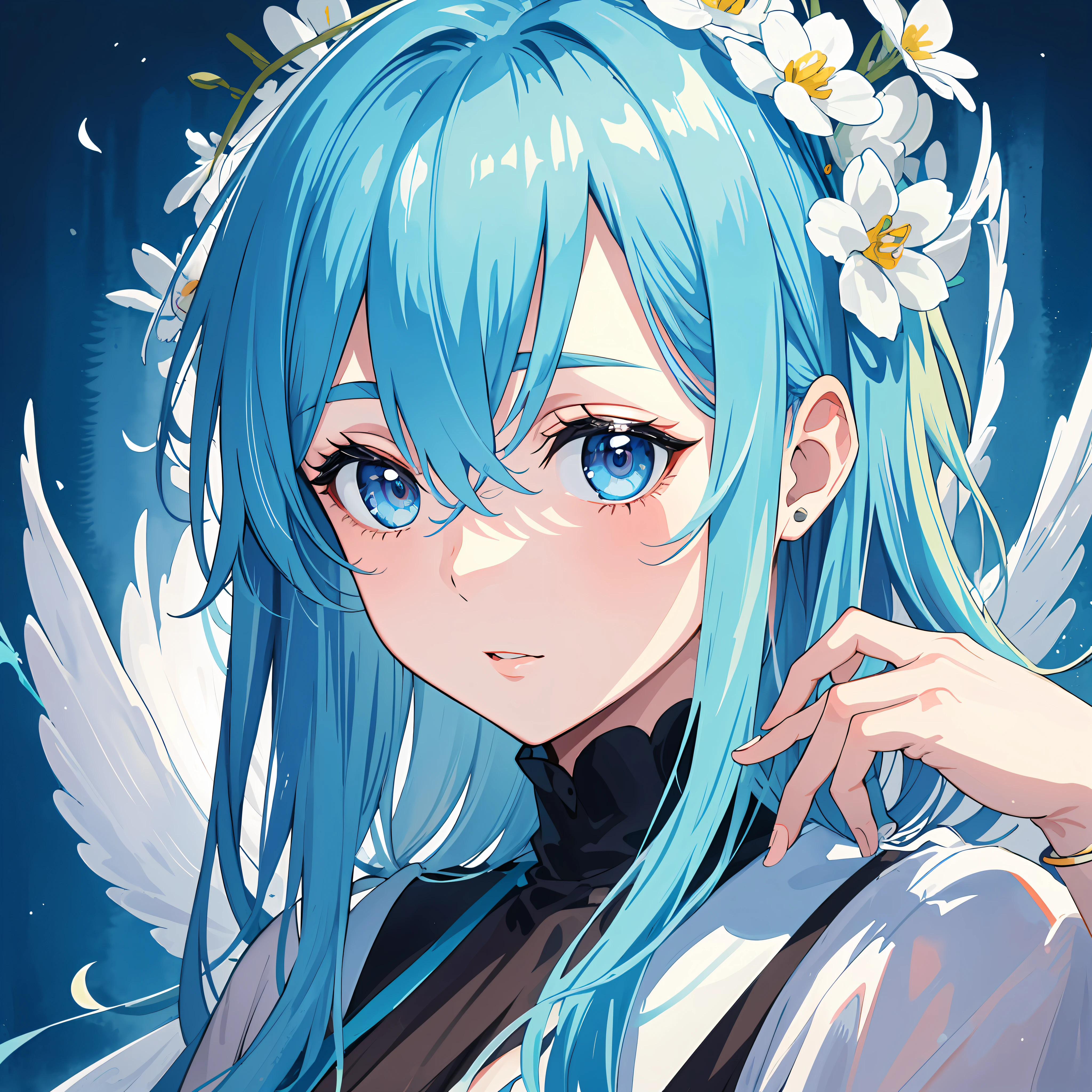 (best quality),(masterpiece:1.2), (colorful:0.9), (ink splashing),(color splashing),((watercolor)), clear sharp focus, model shot,
(portrait goddess of spring:1.5), cute expression,elegant blue colored hair, beautyfull detailed face and eyes, elegant goddess clothing, spring forest background,
colorwater