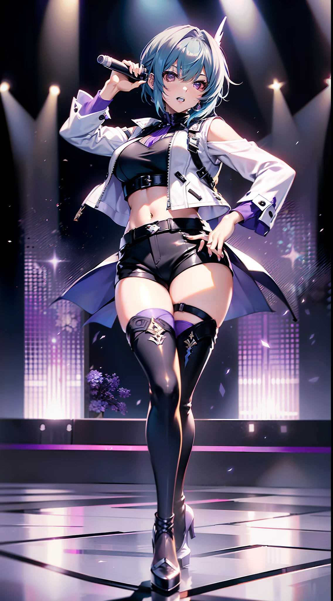 Singing and dancing singer, ((Genshin), (Yelan)), blue hair, purple eyes, confident expression, {clothing description: (white cropped leather jacket), (white vest), (black shorts), (black stockings), black high heels}, (solid gray background), ((full-body shot))