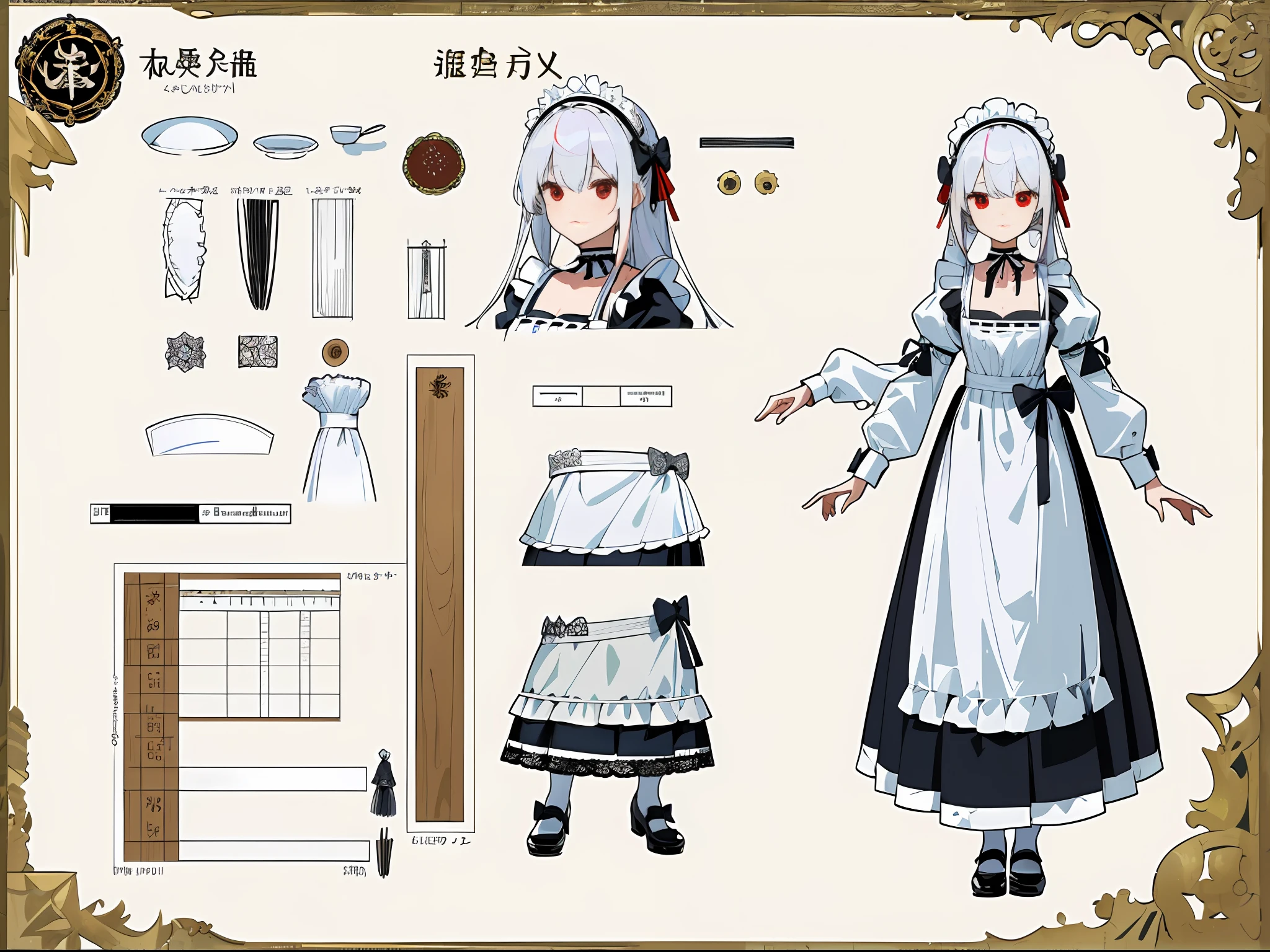 (Masterpiece, best quality) detailed, character sheet, character sheet, many items (same character, maid headdress, maid apron, lace choker, bow, decoration, many parts), maid, red eyes, cute, white hair, bangs, full of details, multiple poss and expressions, highly detailed, depth, many parts
