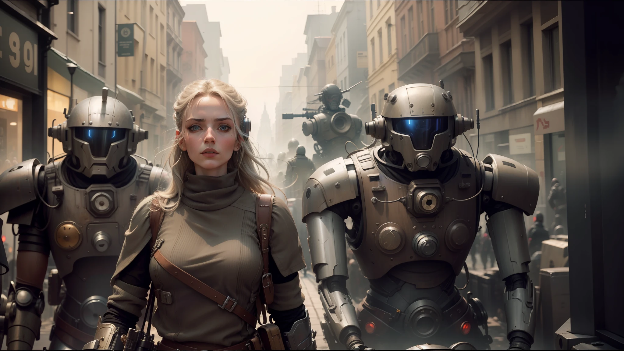there are many robots walking down the street in this picture, eve ventrue, film still from the movie, smogpunk, army of robots, trending on 500px, inspired by Mirabello Cavalori, steampunk motorcycle, trending on artstattion, by Ryan Barger, widescreen shot, inspired by Tadeusz Pruszkówski --auto --s2