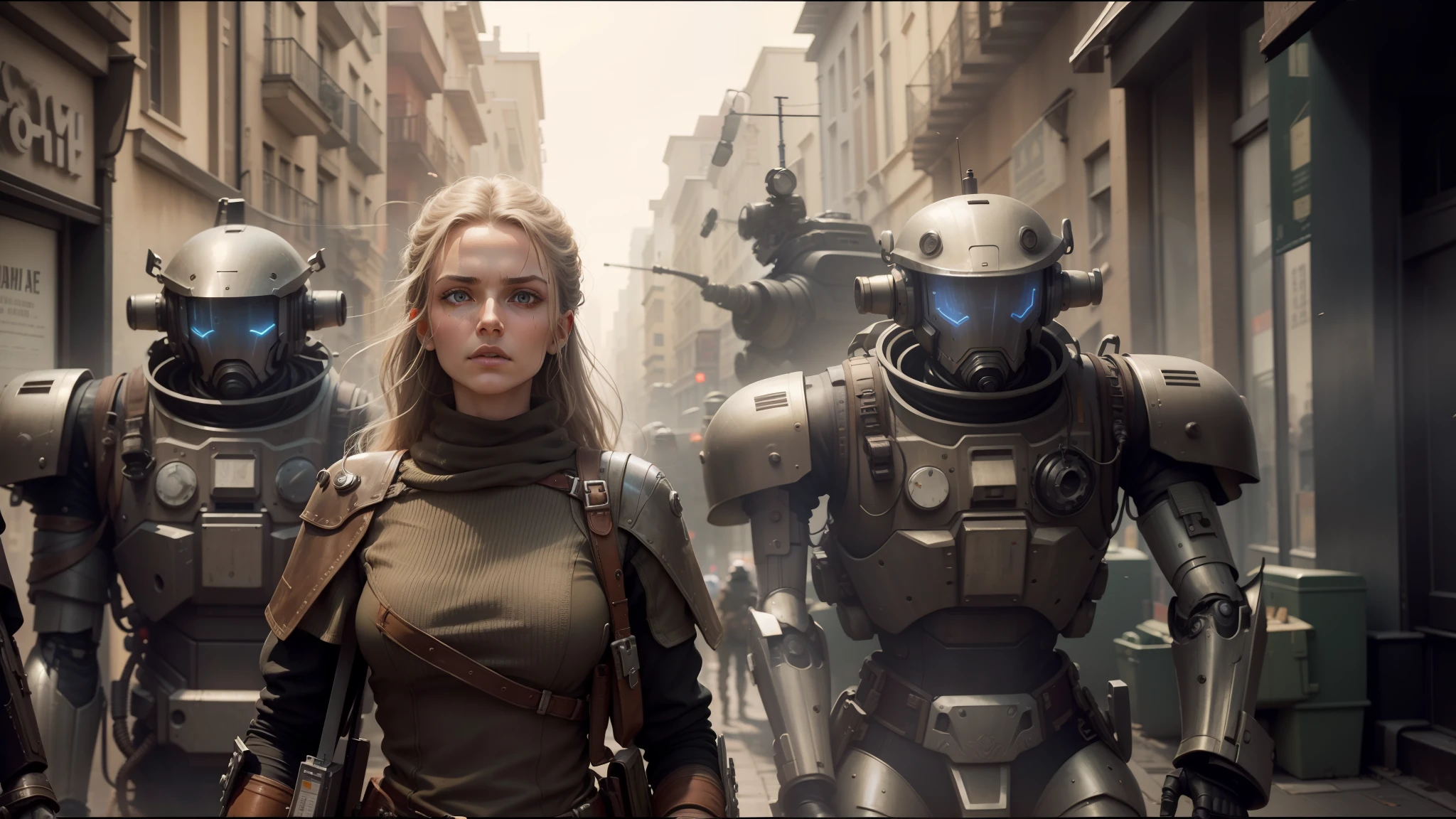 there are many robots walking down the street in this picture, eve ventrue, film still from the movie, smogpunk, army of robots, trending on 500px, inspired by Mirabello Cavalori, steampunk motorcycle, trending on artstattion, by Ryan Barger, widescreen shot, inspired by Tadeusz Pruszkówski --auto --s2