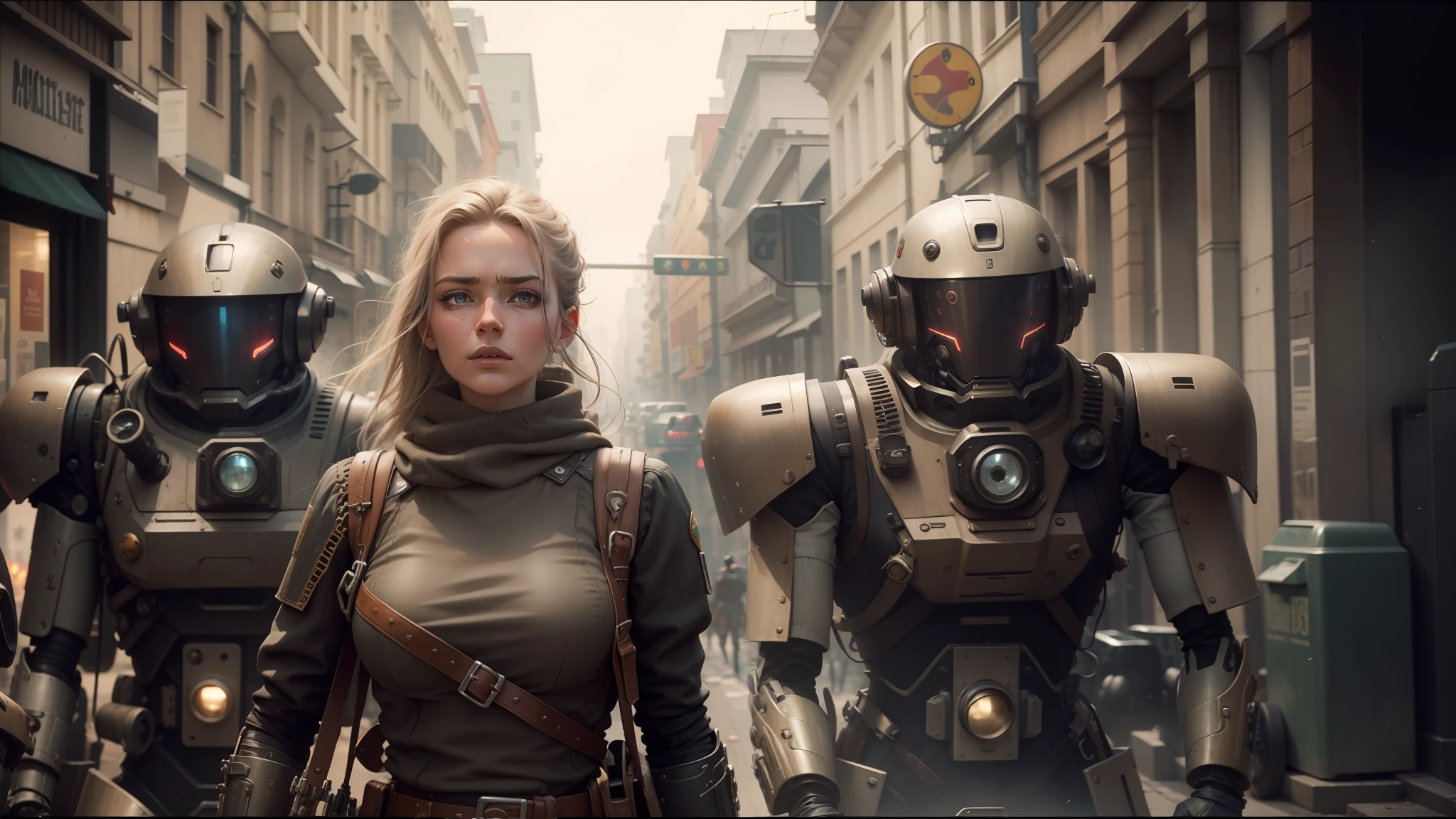 there are many robots walking down the street in this picture, eve ventrue, film still from the movie, smogpunk, army of robots, trending on 500px, inspired by Mirabello Cavalori, steampunk motorcycle, trending on artstattion, by Ryan Barger, widescreen shot, inspired by Tadeusz Pruszkówski --auto --s2