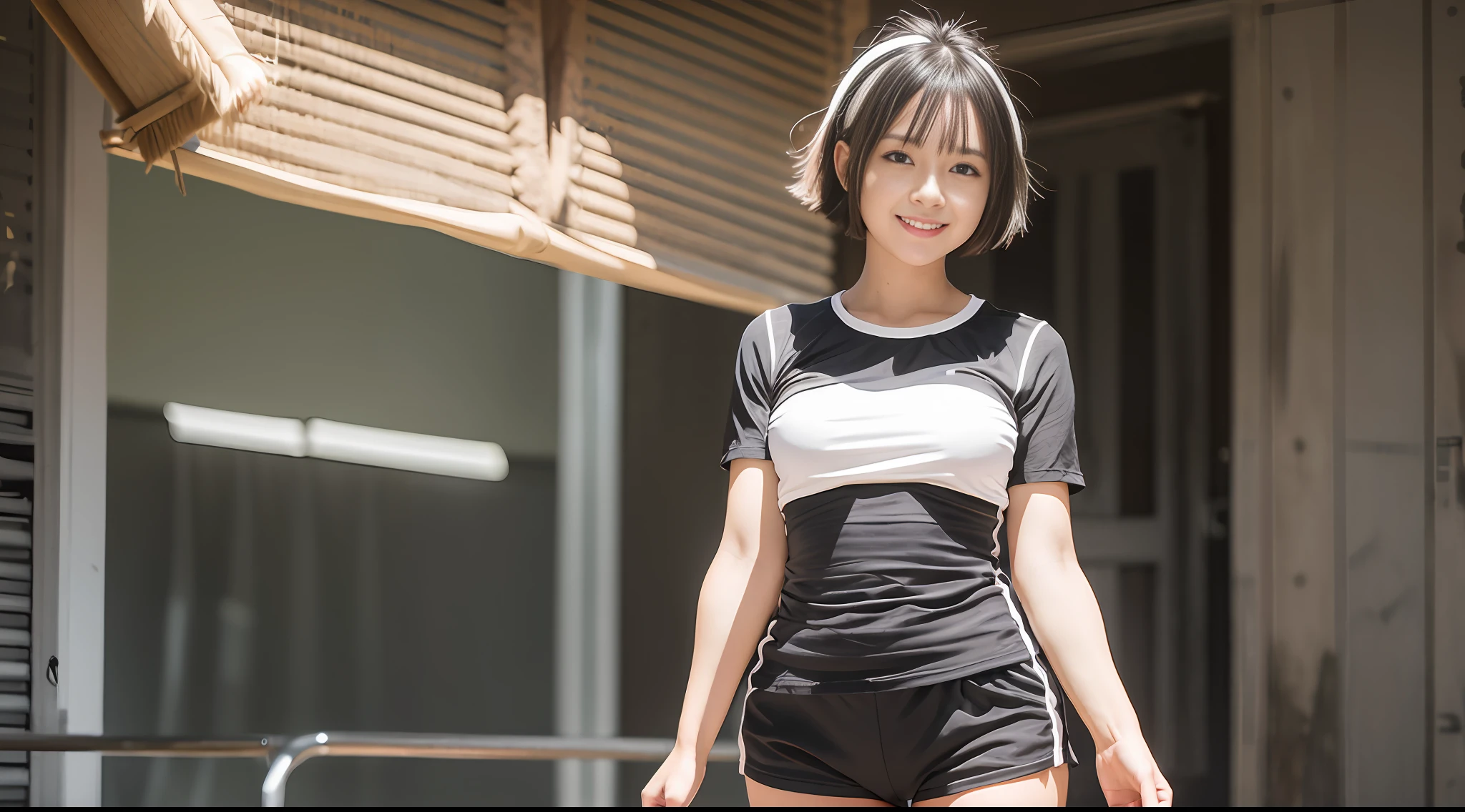 1 girl, sunlight, backlight, white short sleeves, black tight shorts, full body, one hand raised, white hair, smile, ray tracing, best quality, masterpiece, UHD, anatomically correct, textured skin, high detail
