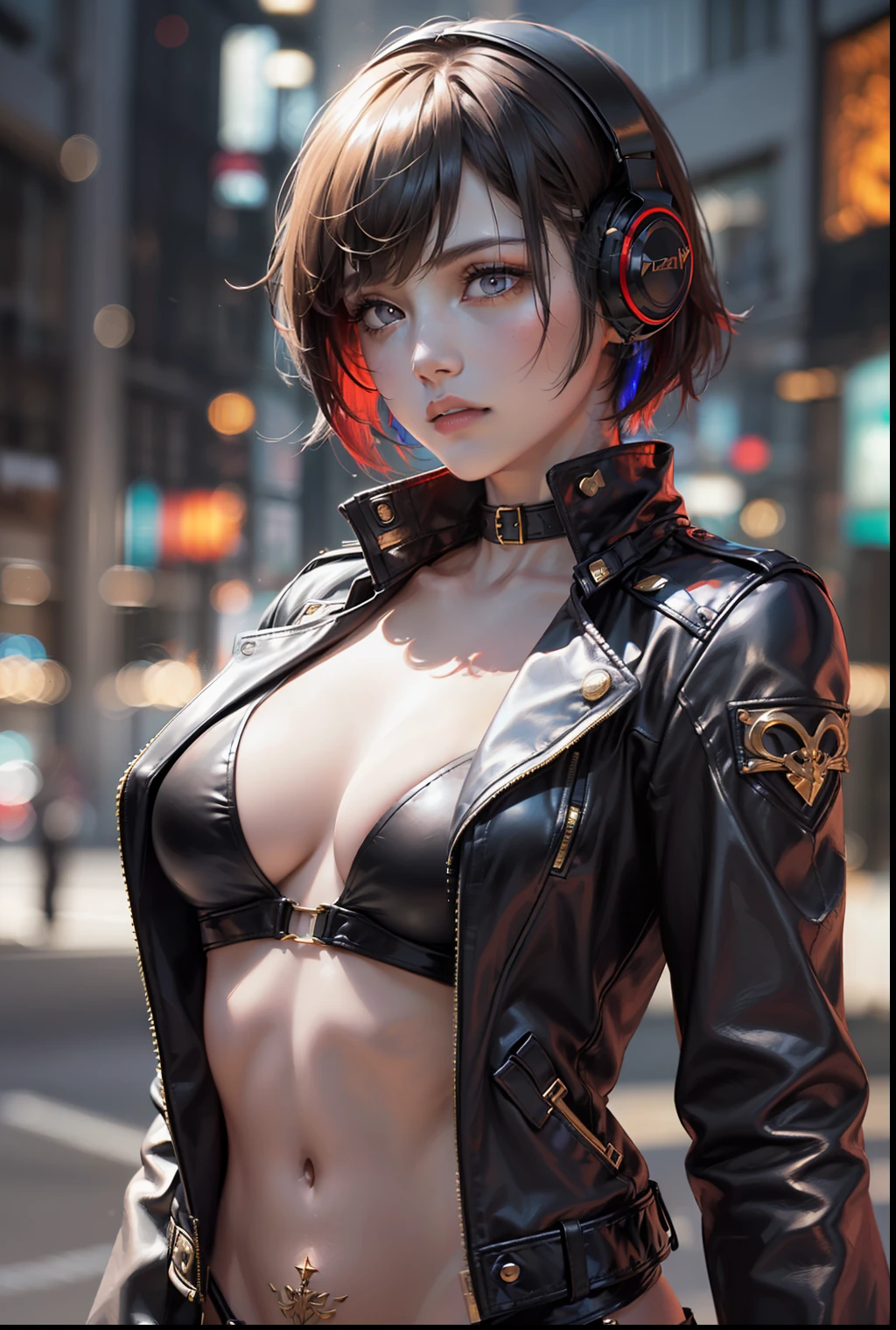 ((Best Quality:1.2, 8k,f/1.8,HDR, Sharp Focus:1.2, photo realistic:1.4, Masterpiece, depth:1.2, super fine :1.2, Ultimate 1Girl, Highly Detailed Facial Textures, detailed beauty makeup: 1.4, realistic skin, detailed eyes, detailed bangs)), (shining gold leather jacket), (leather pants), (headphones), (holding weapon), absurdity, (night city background), (dark clouds), (backlight), ((black and red two-tone asymmetrical short hair:1.2)), ((glaring)) , (big breasts), (mans surrounding girls: 1.4), (small chest tattoo), from above