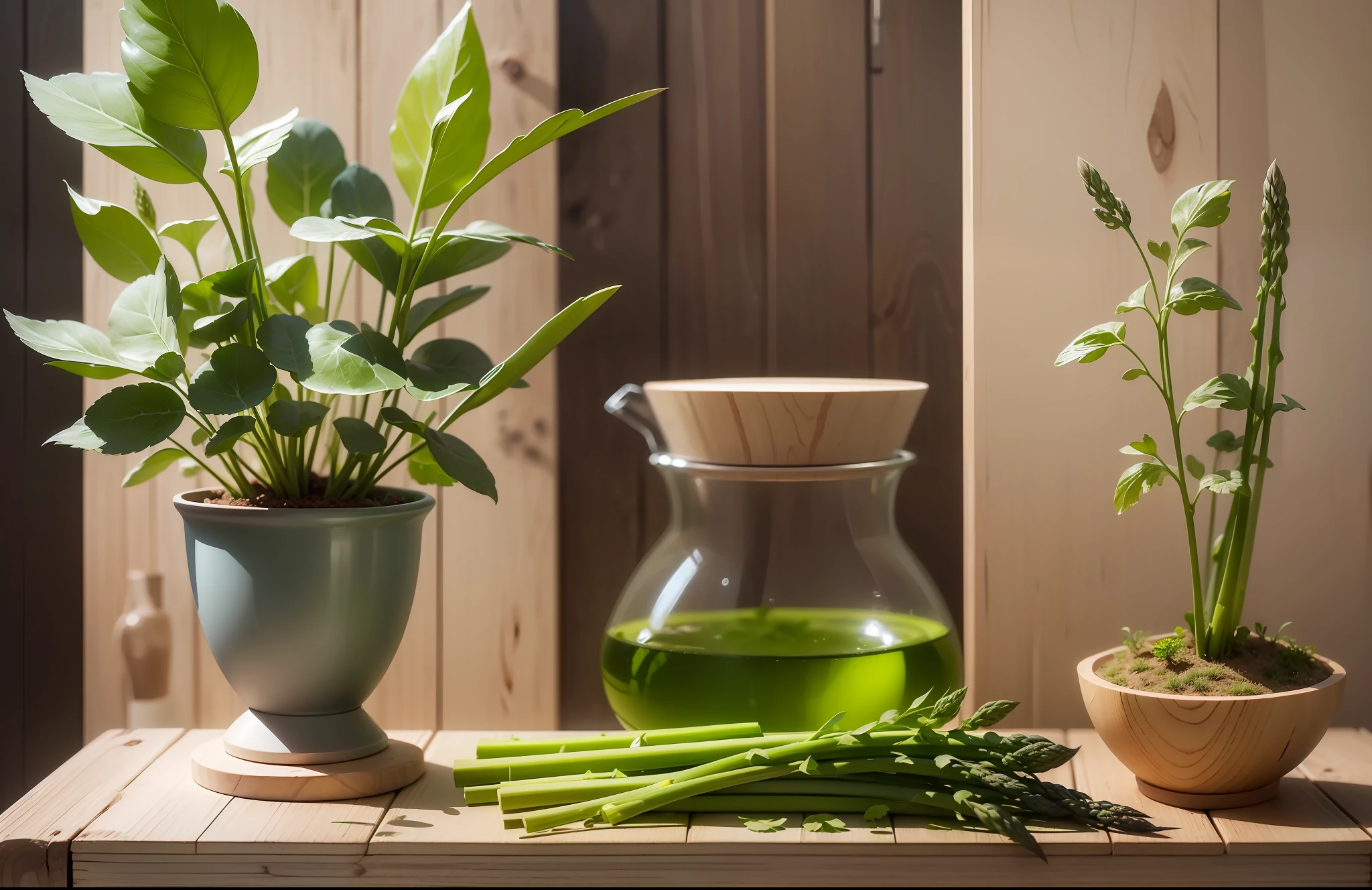 (Beautiful natural aroma, high-definition fresh picture quality, green life concept) green plants (coriander, asparagus, etc.) (with wooden desktop as the background), highlighting the aroma, the beauty of green life.
