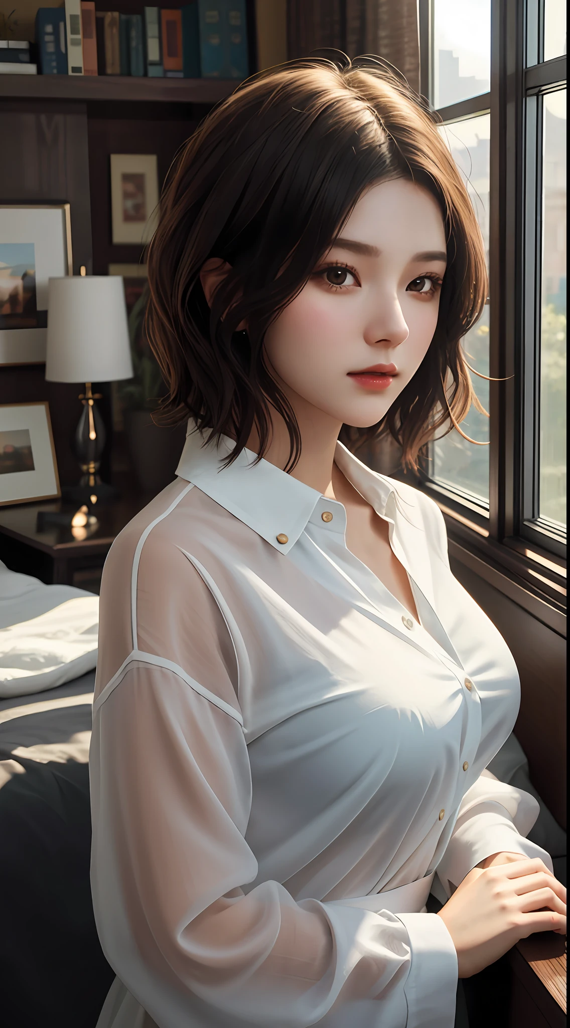 girl, single, top quality, upper body, beautiful, pretty, radiant, room, warm, window front, short hair, masterpiece, ultra-clear, realistic, ray tracing, big tits,