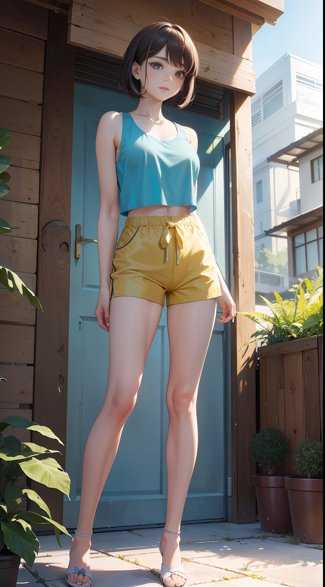 Daylight, Sunlight, (Perfect Body: 1.1), (Short Wave Hair: 1.2), Outdoor, Standing, Swimming Pool, Large, Russet Hair, Full Body Shot, Wearing Cyan Loose Top, Wrapped Chest, Yellow Shorts, (Extremely Delicate and Beautiful), (Masterpiece), (Best Quality: 1.0), (Ultra High Resolution: 1.0), [High Resolution], Detailed Skin, Ultra Detailed