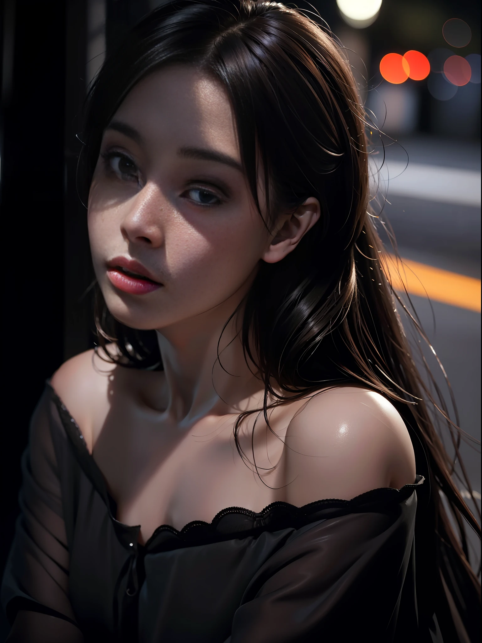 Best quality, masterpiece, ultra high res, (photorealistic:1.4), raw photo, 1girl, offshoulder, in the dark, deep shadow, low key, cold light, at a busy traffic