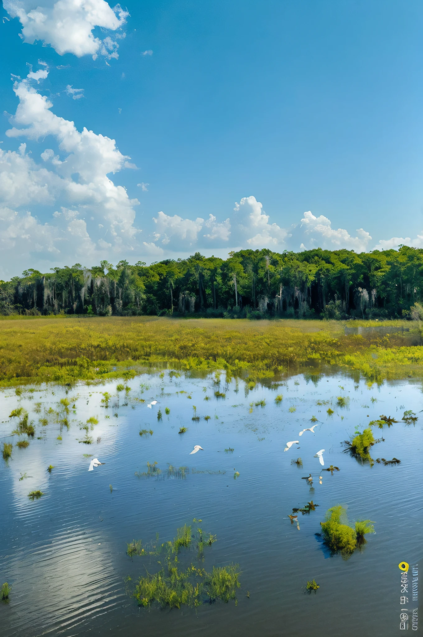 there are many birds that are standing in the water, swamp landscape, scene from louisiana swamps, louisiana swamps, flooded swamp, swamps, swamp land, soaring over a lake in forest, harmony of swamp, overgrown swamp, backwater bayou, marsh vegetation, marshes, a photo of a lake on a sunny day, swamp forest