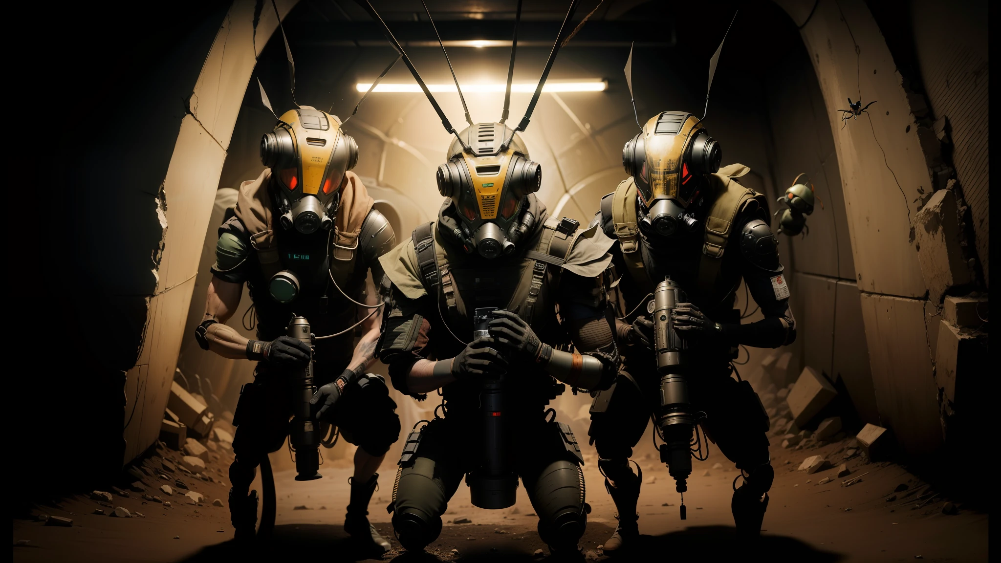 three men in gas masks and gas masks are standing in a tunnel, friendly humanoid insect robot, electronic hardcore music, from a 2 0 1 9 sci fi 8 k movie, locusts and flies, mantid features, anthropomorphic _ humanoid, photograph of three ravers, cute creatures, moloch --auto --s2