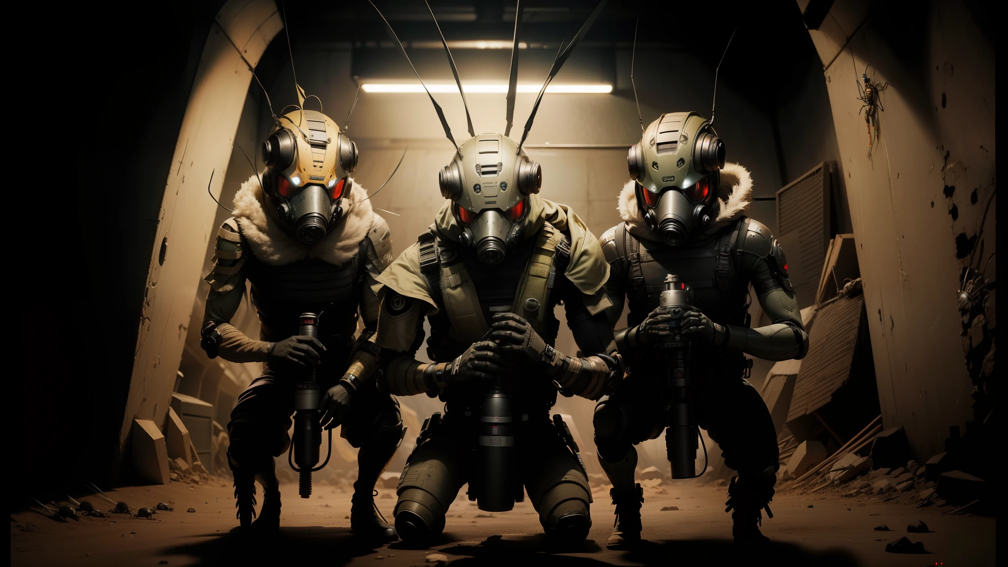 three men in gas masks and gas masks are standing in a tunnel, friendly humanoid insect robot, electronic hardcore music, from a 2 0 1 9 sci fi 8 k movie, locusts and flies, mantid features, anthropomorphic _ humanoid, photograph of three ravers, cute creatures, moloch --auto --s2