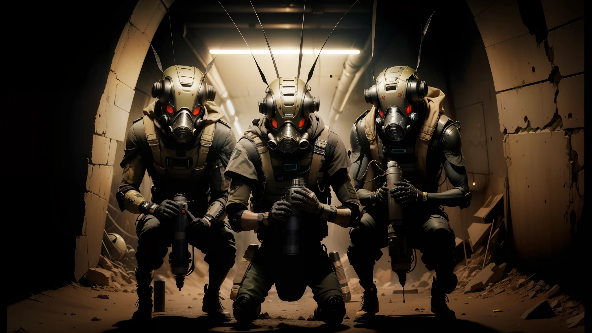 three men in gas masks and gas masks are standing in a tunnel, friendly humanoid insect robot, electronic hardcore music, from a 2 0 1 9 sci fi 8 k movie, locusts and flies, mantid features, anthropomorphic _ humanoid, photograph of three ravers, cute creatures, moloch --auto --s2