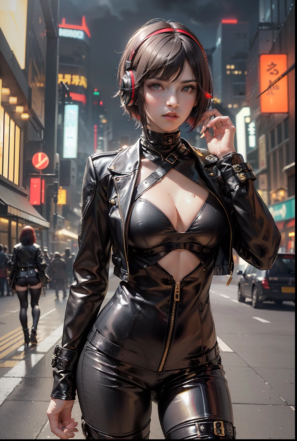 ((Best Quality:1.2, 8k,f/1.8,HDR, Sharp Focus:1.2, photo realistic:1.4, Masterpiece, depth:1.2, super fine :1.2, Ultimate 1Girl, Highly Detailed Facial Textures, detailed beauty makeup: 1.4, realistic skin, detailed eyes, detailed bangs)), (shining gold leather jacket), (leather pants), (headphones), (holding weapon), absurdity, (night city background), (dark clouds), (backlight), ((black and red two-tone asymmetrical short hair:1.2)), ((glaring)) , (big breasts), (mans surrounding girls: 1.4), (small chest tattoo), from above