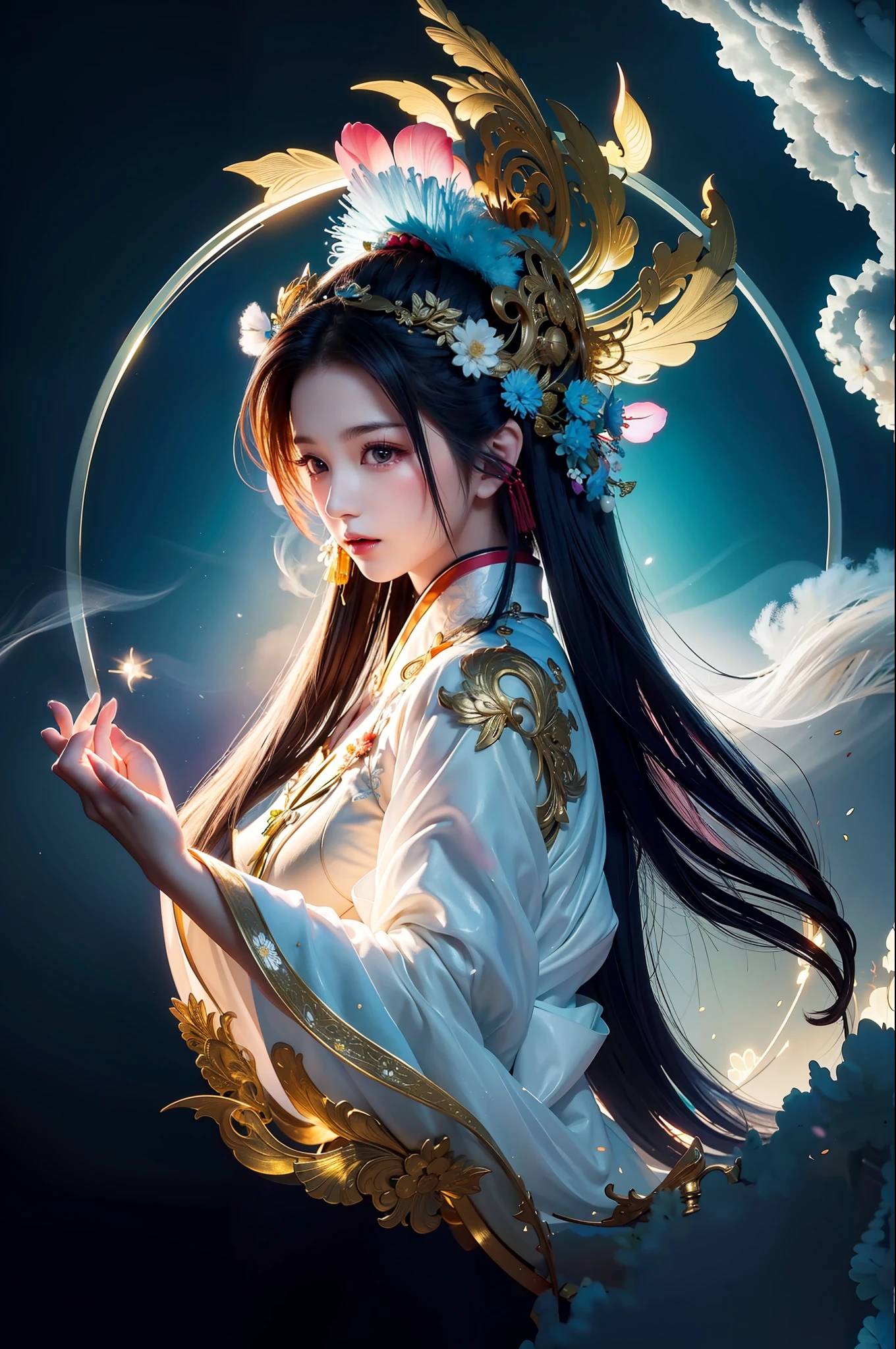 Zhong Fenghua, 1 girl, (full:1.5), solo, hanfu, flower field, blossom, (white smoke:1.3) (realistic:1.4), zen entanglement, mandala, entanglement, official art, Unity 8k wallpaper, super detailed, beautiful and beautiful, masterpiece, best quality, (dynamic angle: 1.4), glowing skin, (floating colorful flashes: 1) the most beautiful chaotic forms, elegant, brutalist design, bright colors, romantic depth of field,