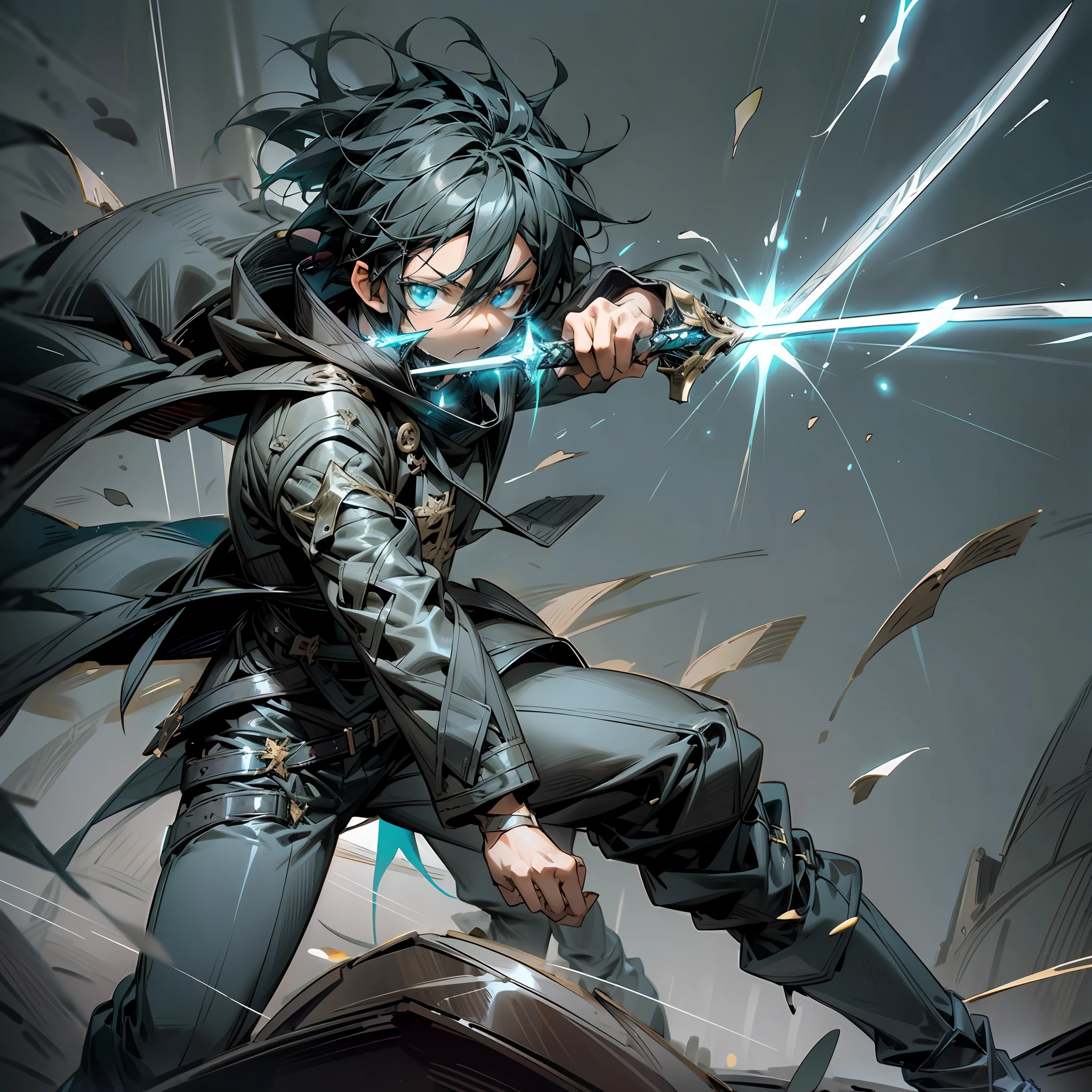kirito from sword art online in action, stylish black coat + pants + boots, glowing blue eyes, intense lighting and shading, sharp edges, dramatic dynamic camera angle, epic sword clash) --auto --s2