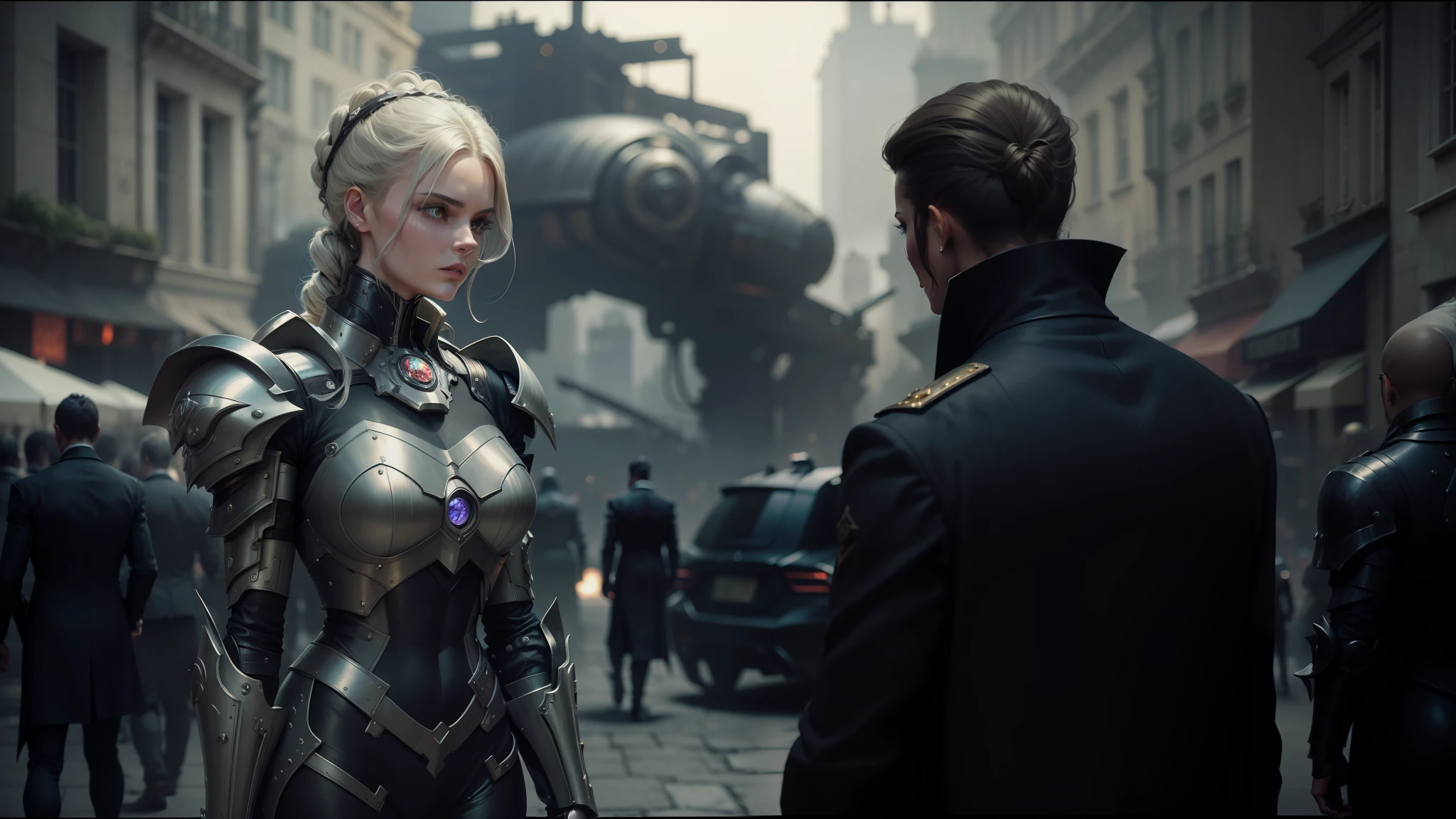 there is a woman in a futuristic suit standing next to a man, highly detailed surreal vfx, grimdark steampunk fantasy, inspired by Hubert von Herkomer, gothic city streets behind her, muscular ultraviolent woman, 2015 cinematography, mecha plate armor, filmstill, side profile artwork --auto --s2