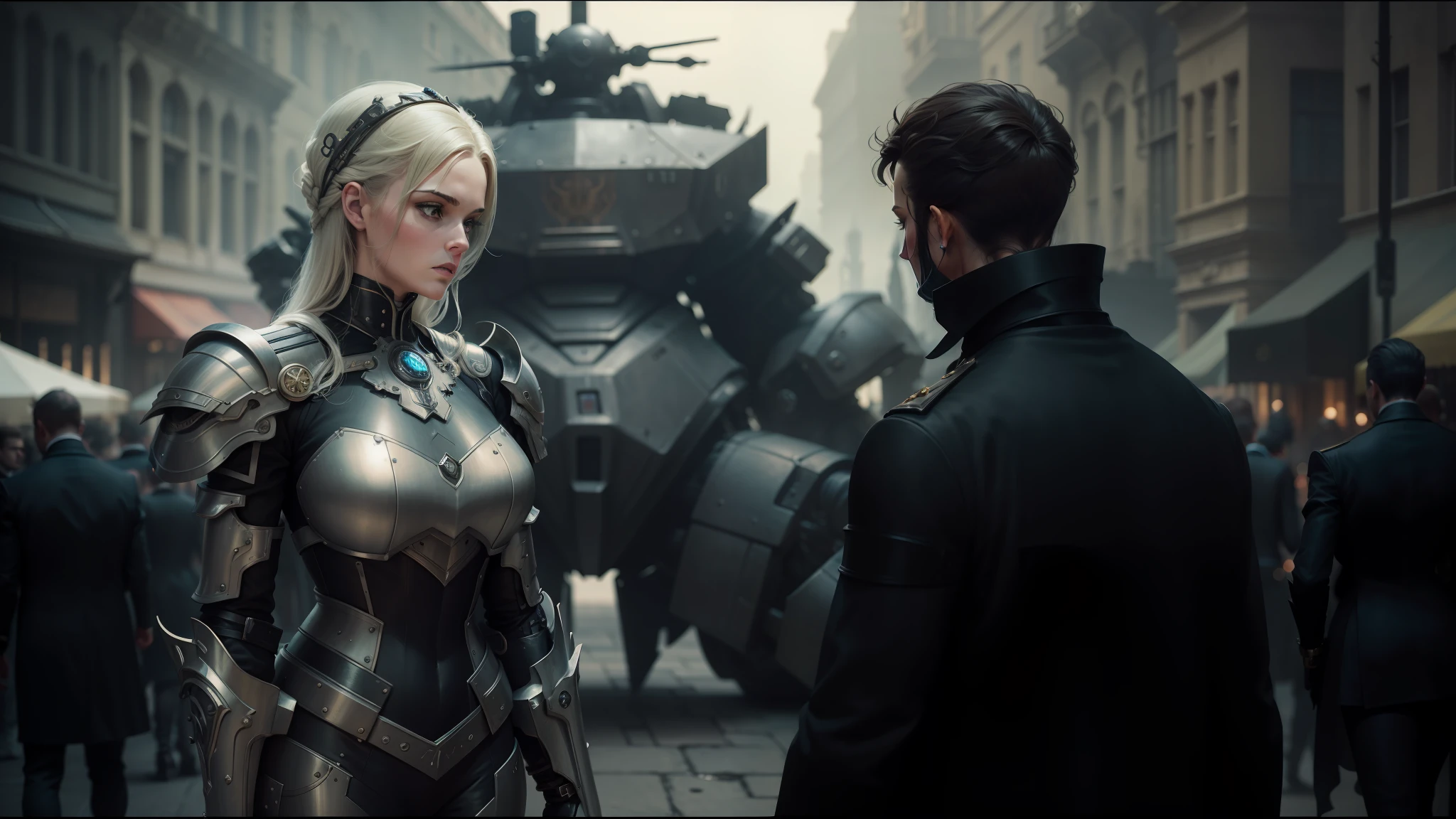 there is a woman in a futuristic suit standing next to a man, highly detailed surreal vfx, grimdark steampunk fantasy, inspired by Hubert von Herkomer, gothic city streets behind her, muscular ultraviolent woman, 2015 cinematography, mecha plate armor, filmstill, side profile artwork --auto --s2