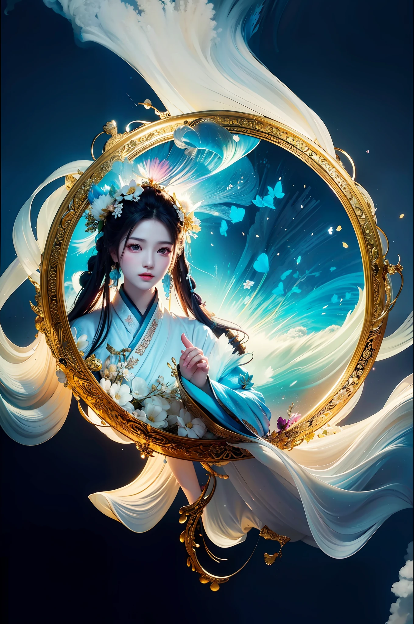 Zhong Fenghua, 1 girl, (full:1.5), solo, hanfu, flower field, blossom, (white smoke:1.3) (realistic:1.4), zen entanglement, mandala, entanglement, official art, Unity 8k wallpaper, super detailed, beautiful and beautiful, masterpiece, best quality, (dynamic angle: 1.4), glowing skin, (floating colorful flashes: 1) the most beautiful chaotic forms, elegant, brutalist design, bright colors, romantic depth of field,