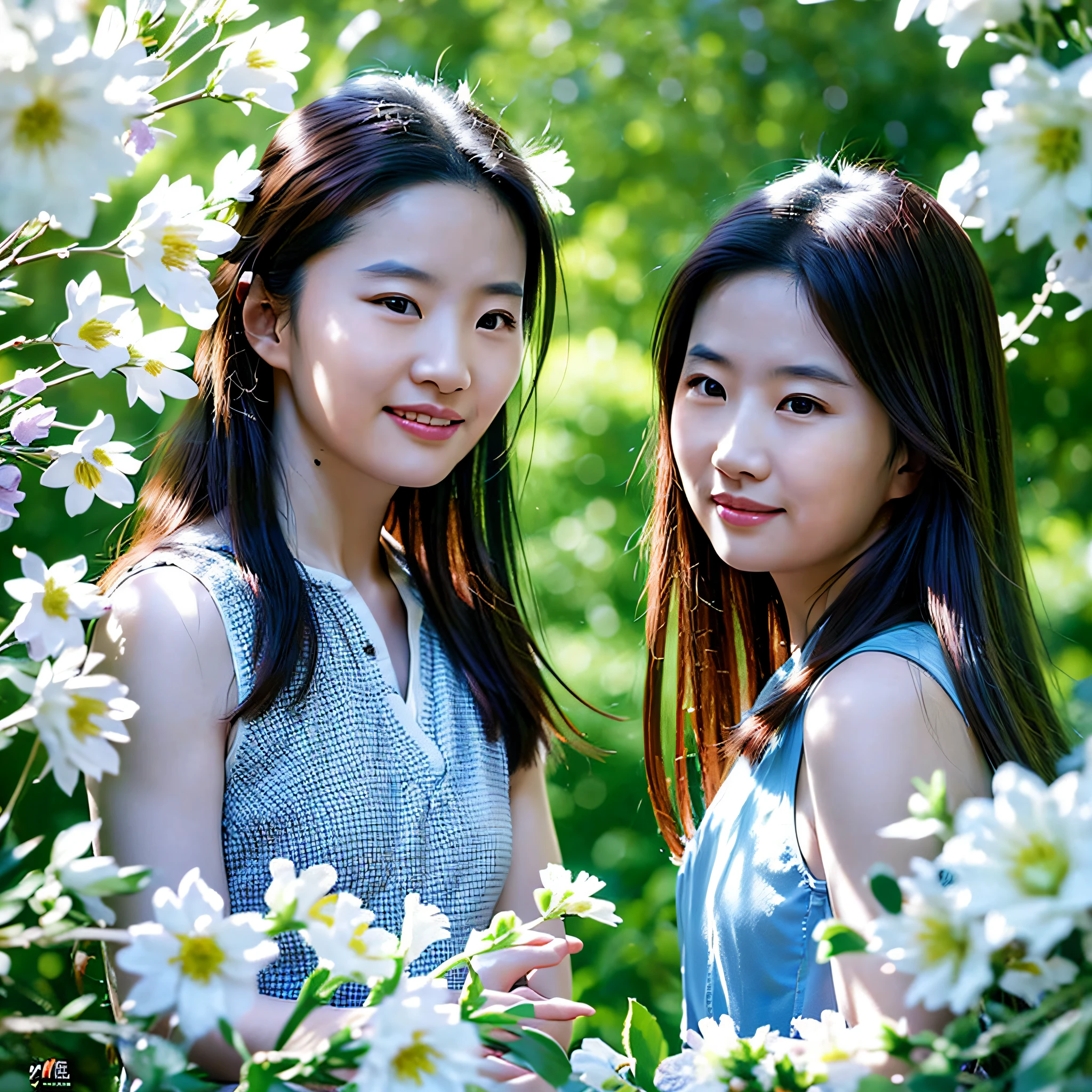 50 year old chinese mother and her daughter, smiled, surrounded by flowers, art by Rinko kawauchi, in the style of naturalistic poses, low angle, youthful energy, body extentions, analog film, super detail, dreamy lofi photography, colourful volumetric lighting, shot on kodachrome --ar 3:2 --v 5.1 --q 2 --s 750 --auto --s2