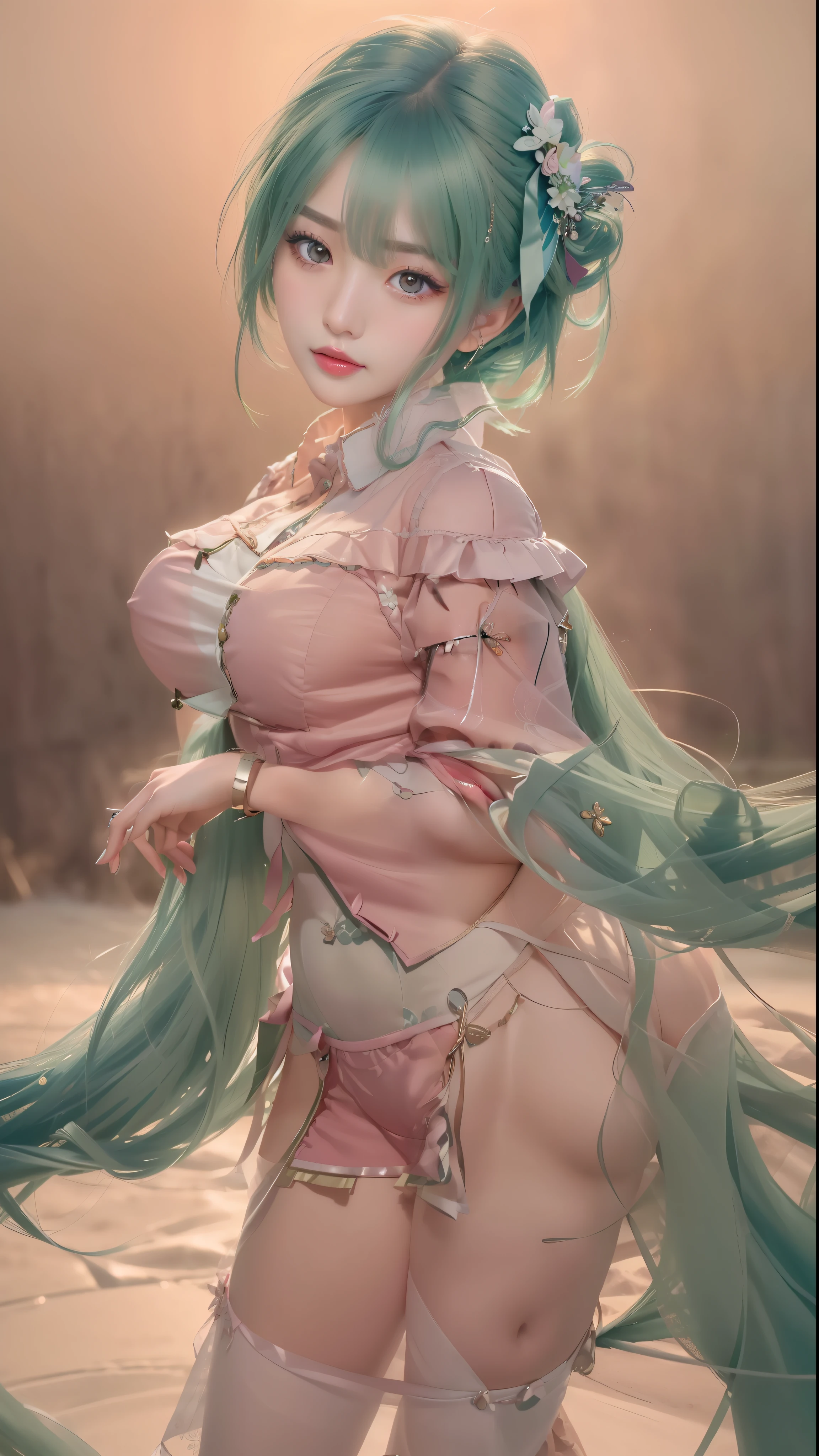 (masterpiece, best quality, extremely detailed 8k, ultra hd, ultra-detailed, highly detailed, highly realistic, photo realistic), (korean, 1girl:1.5), (highly proportional head, 1head:1.5), (beautiful realistic face, detailed realistic face), (high detailed realistic tosca green hair, beautiful realistic hairstyle), (beautiful realistic eyes, high detailed realistic eyes, proportional eyes, high detailed pupils), (high detailed realistic natural eyebrows), (high detailed realistic lips, beautiful realistic lips, pink lipsticks, sexy lips), (high proportional realistic breasts, realistic medium breasts), slender abs, highly detailed skin, full body view, full body shot, hands back,
