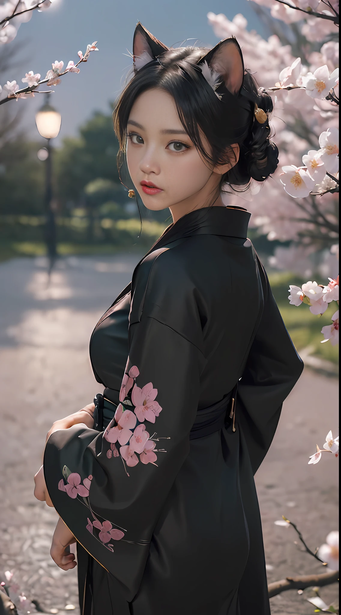 ((Top Quality, 8k, Masterpiece: 1.3)), Crisp Focus, Beautiful Woman with Perfect Figure, Big Breasts, Big, Slender, Very Detailed Face and Skin Texture, Detailed Eyes, Double Eyelids, ((Cal (Princess Connect!) :1.3), ((cat ears: 1.3)), ((green eyes: 1.3)), black hair, (((kimono/kimono: 1.5))), floral, (((black clothing: 1.3)), black hair, kanzashi, (((14 years old: 1.5)), petals, cherry blossoms, cherry blossom blizzard, ((moonlit night: 1.5)), shrine, looking back, from behind,
Facing the viewer